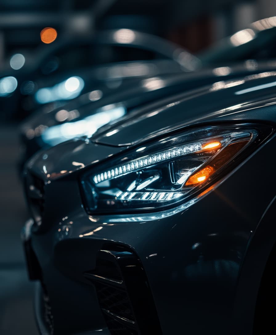 A dramatic, high-contrast close-up photograph of car headlights, captured in a candid, documentary-style manner, with a shallow depth of field, emphasizing the intricate details of the headlight's shape, texture, and LED lights, set against a blurred, dark background, evoking a sense of mystery and dynamism, with prominent highlights on the reflective surfaces, and subtle shadows that accentuate the contours of the headlight's design, shot from a slightly low angle, conveying a sense of power and modernity.
