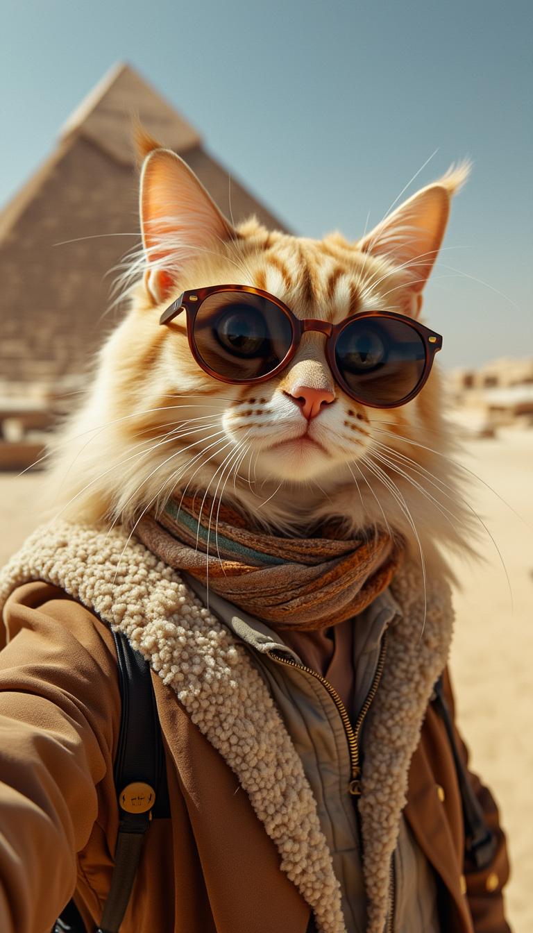 High-definition photography, an anthropomorphic cat, selfie shot. A long-haired, light beige cat taking a selfie while traveling in Egypt. It is dressed in a stylish outfit and wearing sunglasses, standing with the pyramids in the background. Portrait photography, realistic style, ultra-detailed, masterpiece, 16K.