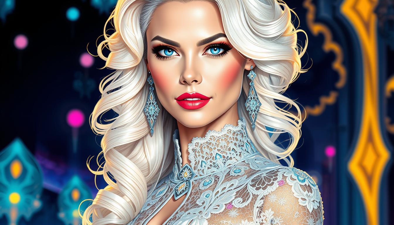 Brooke-LoRA-Zip, fashion Woman, Waist-up, Art by karol bak, Fashionable princess, long curly white-blonde hairstyle, beautiful face, detailed eyes, lace, filigree, geometric patterns, neons, glowing lights, bioluminescence, line art with watercolor wash highly detailed, sharp focus, smooth transitions, dynamic, highly polished, influenced by Carne Griffiths, Wadim Kashim, and Carl Larsson, intricate and flowing line-art work, bold color and texture, light and airy composition, Pascal Blanche, hyper-realistic character designs and matte painting techniques, dramatic and expressive camera angle, matte painting concept art,  golden ratio, balanced composition, highly polished and elegant, cinematic character render, intricate artwork masterpiece, trending on CGSociety and Artstation.
