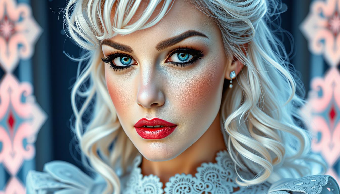 FH-LoRA-12, fashion Woman, Waist-up, Art by karol bak, Fashionable princess, long curly white-blonde hairstyle, beautiful face, detailed eyes, lace, filigree, geometric patterns, neons, glowing lights, bioluminescence, line art with watercolor wash highly detailed, sharp focus, smooth transitions, dynamic, highly polished, influenced by Carne Griffiths, Wadim Kashim, and Carl Larsson, intricate and flowing line-art work, bold color and texture, light and airy composition, Pascal Blanche, hyper-realistic character designs and matte painting techniques, dramatic and expressive camera angle, matte painting concept art,  golden ratio, balanced composition, highly polished and elegant, cinematic character render, intricate artwork masterpiece, trending on CGSociety and Artstation.