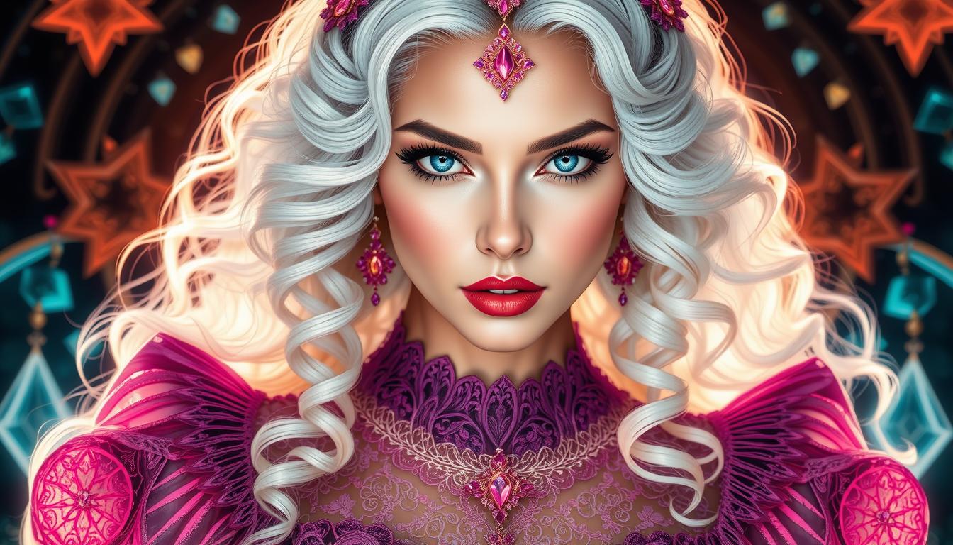 FantasyWomanLoRa, fashion Woman, Waist-up, Art by karol bak, Fashionable princess, long curly white-blonde hairstyle, beautiful face, detailed eyes, lace, filigree, geometric patterns, neons, glowing lights, bioluminescence, line art with watercolor wash highly detailed, sharp focus, smooth transitions, dynamic, highly polished, influenced by Carne Griffiths, Wadim Kashim, and Carl Larsson, intricate and flowing line-art work, bold color and texture, light and airy composition, Pascal Blanche, hyper-realistic character designs and matte painting techniques, dramatic and expressive camera angle, matte painting concept art,  golden ratio, balanced composition, highly polished and elegant, cinematic character render, intricate artwork masterpiece, trending on CGSociety and Artstation.
