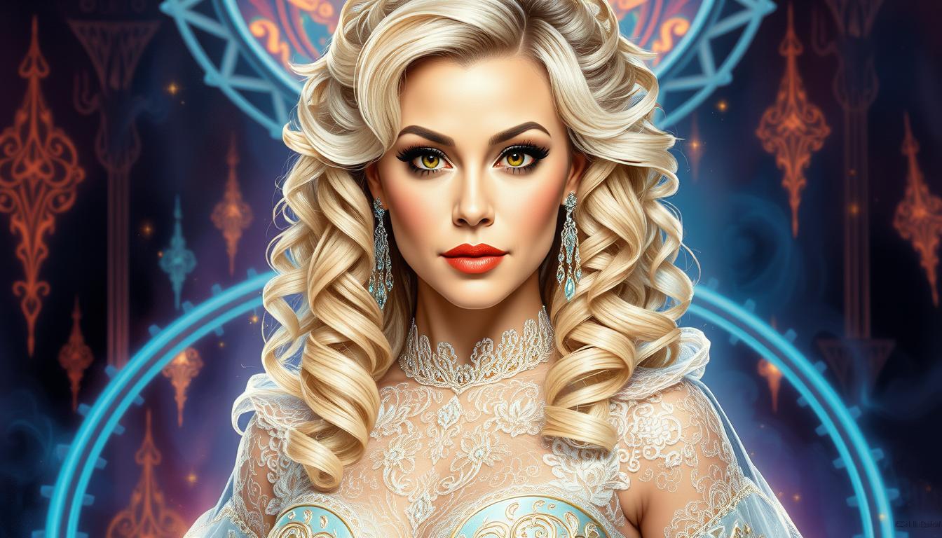 AM-LoRa-Zip6, Waist-up portrait of a fashionable princess with a long, curly white-blonde hairstyle, her beautiful face featuring detailed, expressive eyes, set against a backdrop inspired by Karol Bak's surreal and mystical art. She wears an elegant gown adorned with lace, filigree, and geometric patterns, illuminated by neon lights and glowing bioluminescent elements. The composition employs a dynamic, highly polished style, with intricate line art softly washed with watercolor, creating smooth transitions between sharp focus and ethereal ambiance. 

Influenced by Carne Griffiths' bold textures, Wadim Kashim's intricate line work, and Carl Larsson's light and airy compositions, the artwork showcases:

- **Visual Details**: Emphasis on texture contrasts with lace and filigree, neon lights casting dynamic shadows, and bioluminescent accents. The hair has a luminous quality, reflecting light to highlight its curls and volume.

- **Artistic Style**: A fusion of hyper-realistic character design reminiscent of Pascal Blanche, combined with matte painting techniques, rendering a scene that's both cinematic and painterly. 

- **Composition**: The subject is framed using the golden ratio, with a dramatic and expressive camera angle that enhances the depth and storytelling. The layout balances intricate details with open, airy spaces, creating a visual flow.

- **Mood and Atmosphere**: The scene evokes a sense of enchantment and mystery, with the time of day being twilight, where neon and bioluminescence play with the natural light to cast an otherworldly glow.

- **Technical Aspects**: Utilizes sharp focus to highlight the subject's details, smooth transitions to blend different art styles, and employs dynamic lighting to guide the viewer's eye through the composition.

This artwork is a masterpiece of intricate design and flowing line art, highly polished with a balanced composition, designed to captivate and trend on platforms like CGSociety and Artstation., AM-LoRa-Zip6
