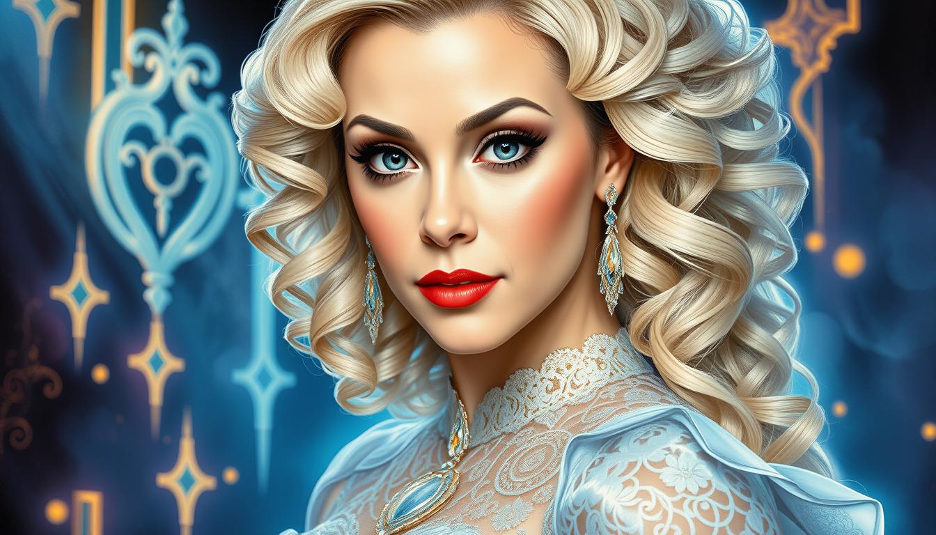 AM-LoRa-Zip6, Waist-up portrait of a fashionable princess with a long, curly white-blonde hairstyle, her beautiful face featuring detailed, expressive eyes, set against a backdrop inspired by Karol Bak's surreal and mystical art. She wears an elegant gown adorned with lace, filigree, and geometric patterns, illuminated by neon lights and glowing bioluminescent elements. The composition employs a dynamic, highly polished style, with intricate line art softly washed with watercolor, creating smooth transitions between sharp focus and ethereal ambiance. 

Influenced by Carne Griffiths' bold textures, Wadim Kashim's intricate line work, and Carl Larsson's light and airy compositions, the artwork showcases:

- **Visual Details**: Emphasis on texture contrasts with lace and filigree, neon lights casting dynamic shadows, and bioluminescent accents. The hair has a luminous quality, reflecting light to highlight its curls and volume.

- **Artistic Style**: A fusion of hyper-realistic character design reminiscent of Pascal Blanche, combined with matte painting techniques, rendering a scene that's both cinematic and painterly. 

- **Composition**: The subject is framed using the golden ratio, with a dramatic and expressive camera angle that enhances the depth and storytelling. The layout balances intricate details with open, airy spaces, creating a visual flow.

- **Mood and Atmosphere**: The scene evokes a sense of enchantment and mystery, with the time of day being twilight, where neon and bioluminescence play with the natural light to cast an otherworldly glow.

- **Technical Aspects**: Utilizes sharp focus to highlight the subject's details, smooth transitions to blend different art styles, and employs dynamic lighting to guide the viewer's eye through the composition.

This artwork is a masterpiece of intricate design and flowing line art, highly polished with a balanced composition, designed to captivate and trend on platforms like CGSociety and Artstation., AM-LoRa-Zip6
