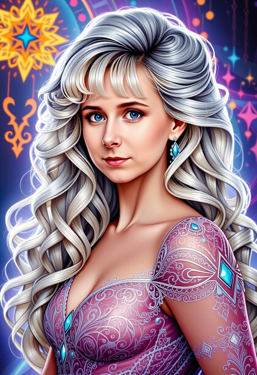 MO-LoRa-Zip3, Waist-up portrait of a fashionable princess with a long, curly white-blonde hairstyle, her beautiful face featuring detailed, expressive eyes, set against a backdrop inspired by Karol Bak's surreal and mystical art. She wears an elegant gown adorned with lace, filigree, and geometric patterns, illuminated by neon lights and glowing bioluminescent elements. The composition employs a dynamic, highly polished style, with intricate line art softly washed with watercolor, creating smooth transitions between sharp focus and ethereal ambiance. 

Influenced by Carne Griffiths' bold textures, Wadim Kashim's intricate line work, and Carl Larsson's light and airy compositions, the artwork showcases:

- **Visual Details**: Emphasis on texture contrasts with lace and filigree, neon lights casting dynamic shadows, and bioluminescent accents. The hair has a luminous quality, reflecting light to highlight its curls and volume.

- **Artistic Style**: A fusion of hyper-realistic character design reminiscent of Pascal Blanche, combined with matte painting techniques, rendering a scene that's both cinematic and painterly. 

- **Composition**: The subject is framed using the golden ratio, with a dramatic and expressive camera angle that enhances the depth and storytelling. The layout balances intricate details with open, airy spaces, creating a visual flow.

- **Mood and Atmosphere**: The scene evokes a sense of enchantment and mystery, with the time of day being twilight, where neon and bioluminescence play with the natural light to cast an otherworldly glow.

- **Technical Aspects**: Utilizes sharp focus to highlight the subject's details, smooth transitions to blend different art styles, and employs dynamic lighting to guide the viewer's eye through the composition.

This artwork is a masterpiece of intricate design and flowing line art, highly polished with a balanced composition, designed to captivate and trend on platforms like CGSociety and Artstation.