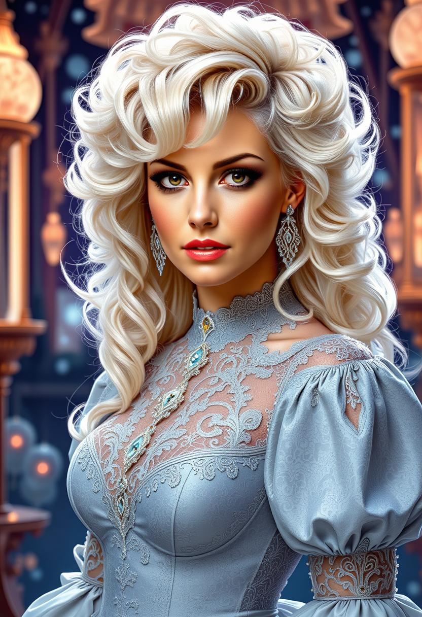 FH-LoRA-12, Waist-up portrait of a fashionable princess with a long, curly white-blonde hairstyle, her beautiful face featuring detailed, expressive eyes, set against a backdrop inspired by Karol Bak's surreal and mystical art. She wears an elegant gown adorned with lace, filigree, and geometric patterns, illuminated by neon lights and glowing bioluminescent elements. The composition employs a dynamic, highly polished style, with intricate line art softly washed with watercolor, creating smooth transitions between sharp focus and ethereal ambiance. 

Influenced by Carne Griffiths' bold textures, Wadim Kashim's intricate line work, and Carl Larsson's light and airy compositions, the artwork showcases:

- **Visual Details**: Emphasis on texture contrasts with lace and filigree, neon lights casting dynamic shadows, and bioluminescent accents. The hair has a luminous quality, reflecting light to highlight its curls and volume.

- **Artistic Style**: A fusion of hyper-realistic character design reminiscent of Pascal Blanche, combined with matte painting techniques, rendering a scene that's both cinematic and painterly. 

- **Composition**: The subject is framed using the golden ratio, with a dramatic and expressive camera angle that enhances the depth and storytelling. The layout balances intricate details with open, airy spaces, creating a visual flow.

- **Mood and Atmosphere**: The scene evokes a sense of enchantment and mystery, with the time of day being twilight, where neon and bioluminescence play with the natural light to cast an otherworldly glow.

- **Technical Aspects**: Utilizes sharp focus to highlight the subject's details, smooth transitions to blend different art styles, and employs dynamic lighting to guide the viewer's eye through the composition.

This artwork is a masterpiece of intricate design and flowing line art, highly polished with a balanced composition, designed to captivate and trend on platforms like CGSociety and Artstation.