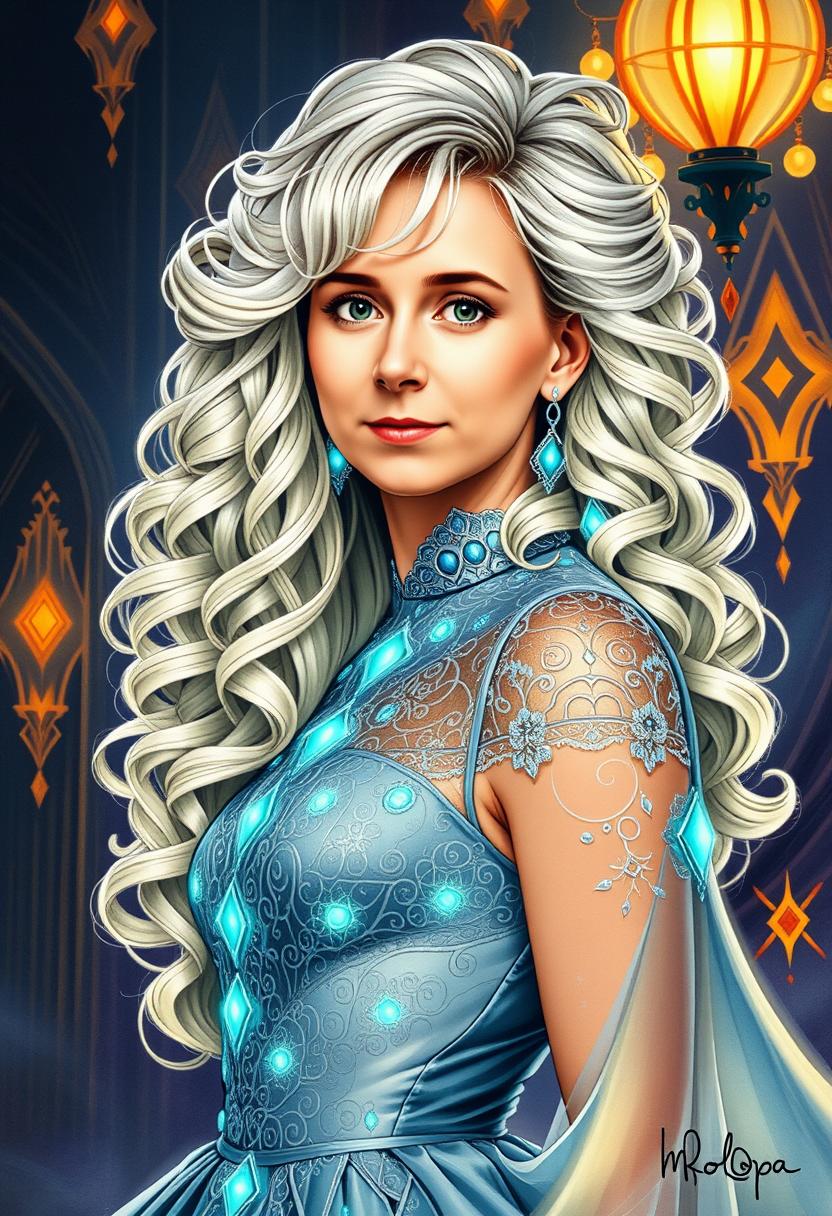 MO-LoRa-Zip3, Waist-up portrait of a fashionable princess with a long, curly white-blonde hairstyle, her beautiful face featuring detailed, expressive eyes, set against a backdrop inspired by Karol Bak's surreal and mystical art. She wears an elegant gown adorned with lace, filigree, and geometric patterns, illuminated by neon lights and glowing bioluminescent elements. The composition employs a dynamic, highly polished style, with intricate line art softly washed with watercolor, creating smooth transitions between sharp focus and ethereal ambiance. 

Influenced by Carne Griffiths' bold textures, Wadim Kashim's intricate line work, and Carl Larsson's light and airy compositions, the artwork showcases:

- **Visual Details**: Emphasis on texture contrasts with lace and filigree, neon lights casting dynamic shadows, and bioluminescent accents. The hair has a luminous quality, reflecting light to highlight its curls and volume.

- **Artistic Style**: A fusion of hyper-realistic character design reminiscent of Pascal Blanche, combined with matte painting techniques, rendering a scene that's both cinematic and painterly. 

- **Composition**: The subject is framed using the golden ratio, with a dramatic and expressive camera angle that enhances the depth and storytelling. The layout balances intricate details with open, airy spaces, creating a visual flow.

- **Mood and Atmosphere**: The scene evokes a sense of enchantment and mystery, with the time of day being twilight, where neon and bioluminescence play with the natural light to cast an otherworldly glow.

- **Technical Aspects**: Utilizes sharp focus to highlight the subject's details, smooth transitions to blend different art styles, and employs dynamic lighting to guide the viewer's eye through the composition.

This artwork is a masterpiece of intricate design and flowing line art, highly polished with a balanced composition, designed to captivate and trend on platforms like CGSociety and Artstation.