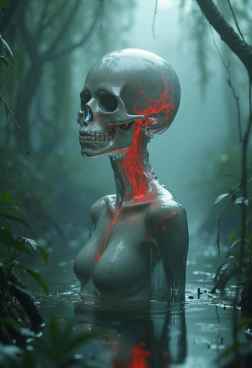 Ultra-detailed, photorealistic photograph of a glass humanoid emerging from a swamp with a detailed face. Her body is a clean, transparent surface in which you can see a red, pulsating net. The glass skull reflects light, and water drops flow from it. Fog hangs over the water, surrounding the figure. In the background, dense, wild vegetation, hanging lianas and a dark, mysterious aura. Detailed, crystalline, ultraphotographic ultra-detailed hd 8k image. Mystery.
