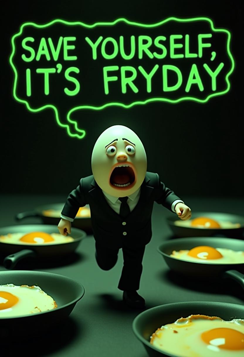 The text "SAVE YOURSELF, IT'S FRYDAY" is precisely written in a speech bubble. Ultra-photorealistic cinematic wide-angle shot, a slightly anthropomorphic egg, dressed in a suit like the character in the movie "The Matrix," runs screaming toward the viewer with a horrified expression, lightly made up, against a black background with large, neon-green frying pans in which fried eggs are raining down from above.
