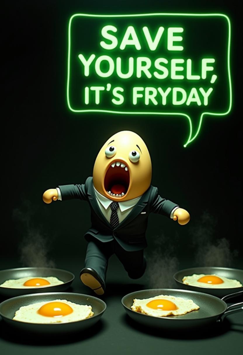 The text "SAVE YOURSELF, IT'S FRYDAY" is precisely written in a speech bubble. Ultra-photorealistic cinematic wide-angle shot, a slightly anthropomorphic egg, dressed in a suit like the character in the movie "The Matrix," runs screaming toward the viewer with a horrified expression, lightly made up, against a black background with large, neon-green frying pans in which fried eggs are raining down from above.
