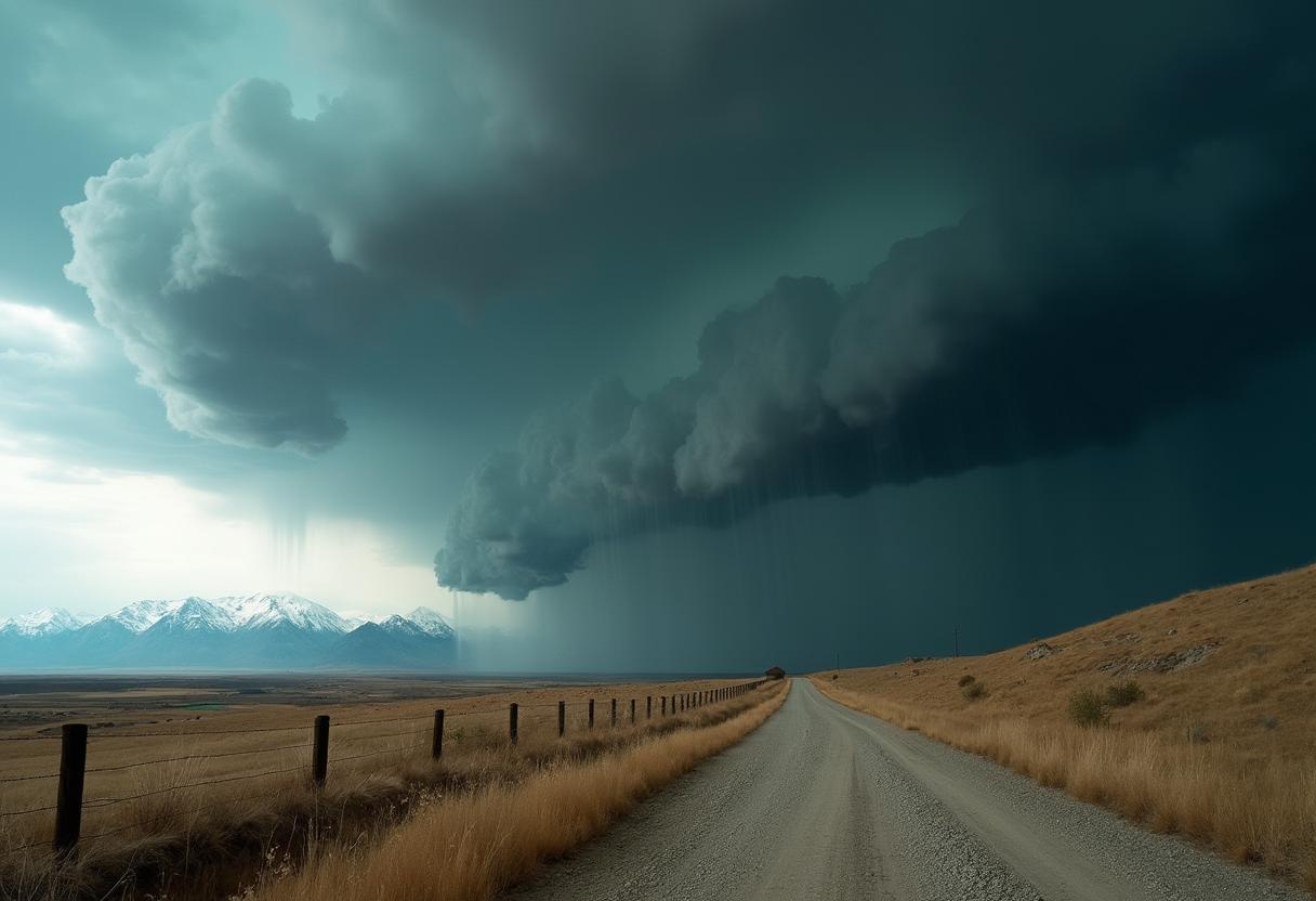 Create an expressionistic, realistic photograph of an imposing supercell. Beneath this ominous cloud, heavy rainfall appears to shroud the landscape, creating an atmospheric and dramatic effect. On the left side of the frame, a winding dirt road stretches toward the horizon, bordered by a fence and dry grassy terrain. The road seems to lead toward a distant range of mountains, capped with gleaming white snow.
