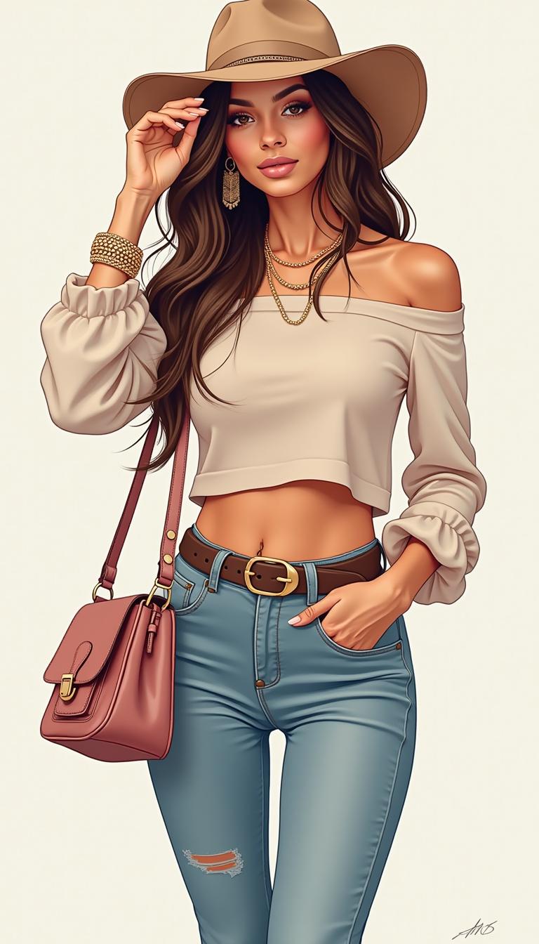A stylish digital illustration of a fashionable woman with long, wavy hair, covering part of her face with either a hat or her hand. She wears a trendy outfit featuring high-waisted jeans with a statement belt and a chic, form-fitting top. The outfit follows this color scheme: soft beige and dusty rose with hints of gold accessories. Accessories include a stylish handbag, layered jewelry, and subtle details that add sophistication. The illustration should have a clean, modern background with soft lighting and a polished, semi-realistic art style with smooth shading and detailed textures. The overall aesthetic is effortlessly chic, trendy, and visually striking
