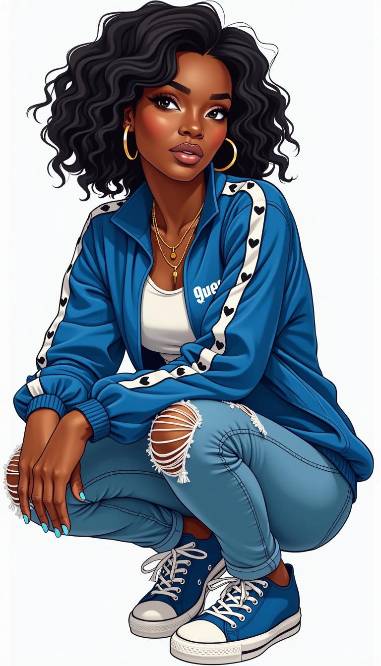 FULL-BODY CLIP ART,  with an focus on her tennis shoes, a glowing Black woman with warm mocha skin, early 30s, dark cocoa skin, her hair is in a curly bob and is black, she has long fake eyelases on, hoop gold earings and gold necklas   She is wearing a  retro 9 blue 90's hip hop  windbreaker with white stirpes  down the side that says " Queen", with ripped denim jeans, she has a confidence look on her face,  she squatting down,  Digital vector illustration, flat shading, stylish and modern, transparent background.