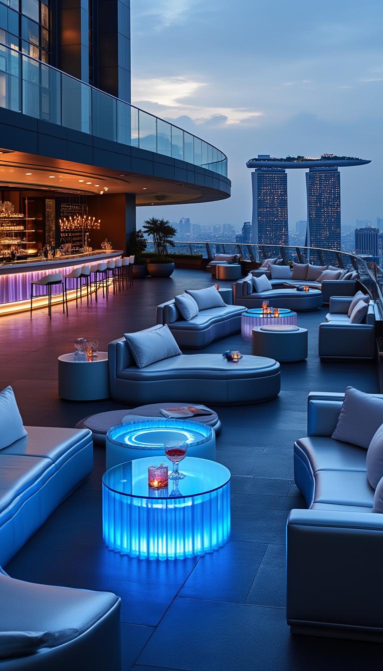 A luxurious rooftop sky lounge in Singapore, blending ultra-modern architecture with breathtaking city views. Plush silver-toned seating arrangements contrast elegantly against sleek sapphire-blue glass tables, which reflect the ambient city lights. A sculptural bar with glowing blue accents serves exquisite cocktails, while soft, strategically placed lighting enhances the space’s exclusivity. The panoramic skyline stretches across the horizon, with futuristic skyscrapers glowing in cool, sophisticated tones. The scene radiates elegance, modernity, and high-end exclusivity.