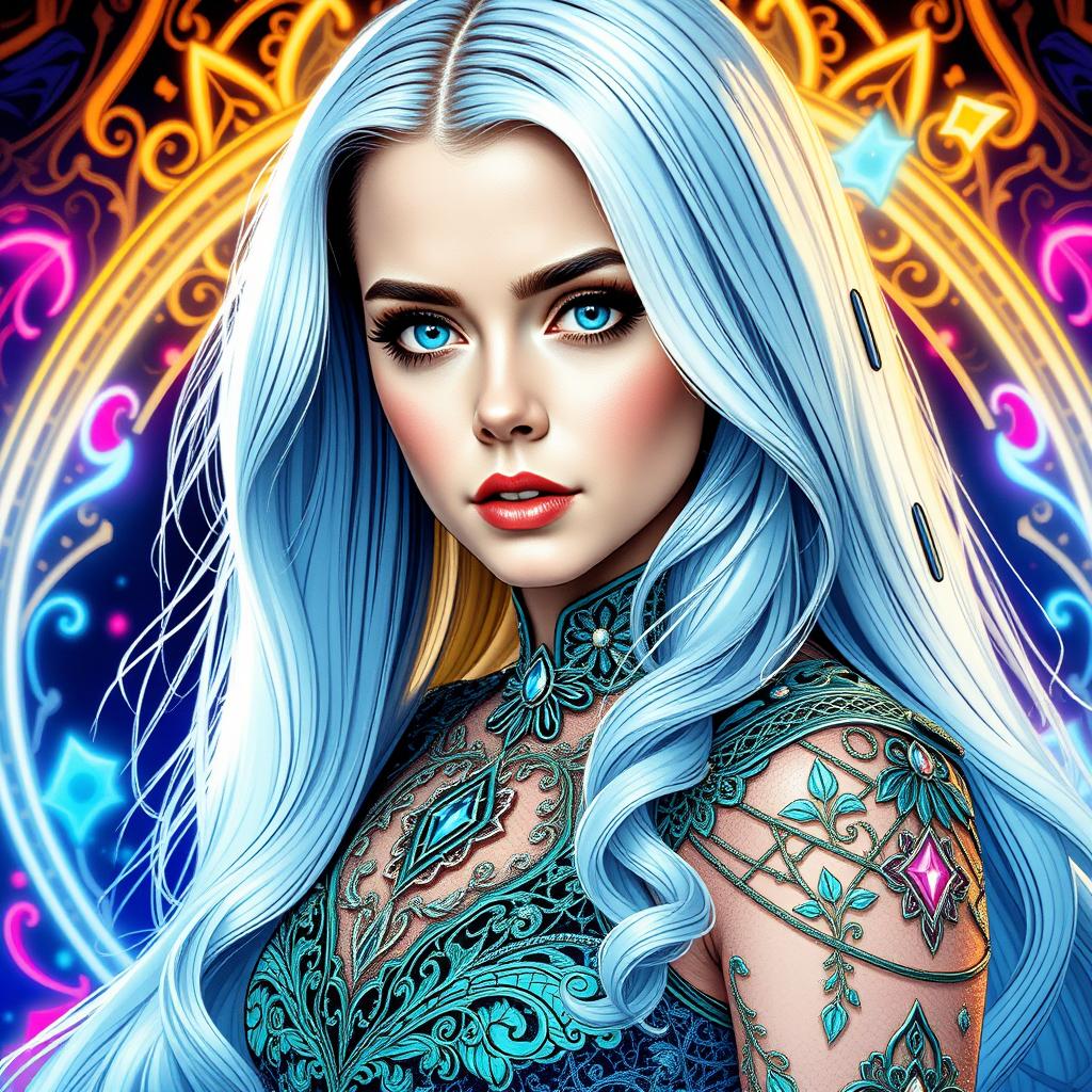 Amy-LoRA-Zip, full body portrait of a fashionable princess with a super long straight white-blonde hair, her beautiful face featuring detailed, expressive eyes, set against a backdrop inspired by Karol Bak's surreal and mystical art. She wears an elegant gown adorned with lace, filigree, and geometric patterns, illuminated by neon lights and glowing bioluminescent elements. The composition employs a dynamic, highly polished style, with intricate line art softly washed with watercolor, creating smooth transitions between sharp focus and ethereal ambiance. 

Influenced by Carne Griffiths' bold textures, Wadim Kashim's intricate line work, and Carl Larsson's light and airy compositions, the artwork showcases:

- **Visual Details**: Emphasis on texture contrasts with lace and filigree, neon lights casting dynamic shadows, and bioluminescent accents. The hair has a luminous quality, reflecting light to highlight its curls and volume.

- **Artistic Style**: A fusion of hyper-realistic character design reminiscent of Pascal Blanche, combined with matte painting techniques, rendering a scene that's both cinematic and painterly. 

- **Composition**: The subject is framed using the golden ratio, with a dramatic and expressive camera angle that enhances the depth and storytelling. The layout balances intricate details with open, airy spaces, creating a visual flow.

- **Mood and Atmosphere**: The scene evokes a sense of enchantment and mystery, with the time of day being twilight, where neon and bioluminescence play with the natural light to cast an otherworldly glow.

- **Technical Aspects**: Utilizes sharp focus to highlight the subject's details, smooth transitions to blend different art styles, and employs dynamic lighting to guide the viewer's eye through the composition.

This artwork is a masterpiece of intricate design and flowing line art, highly polished with a balanced composition, designed to captivate and trend on platforms like CGSociety and Artstation.