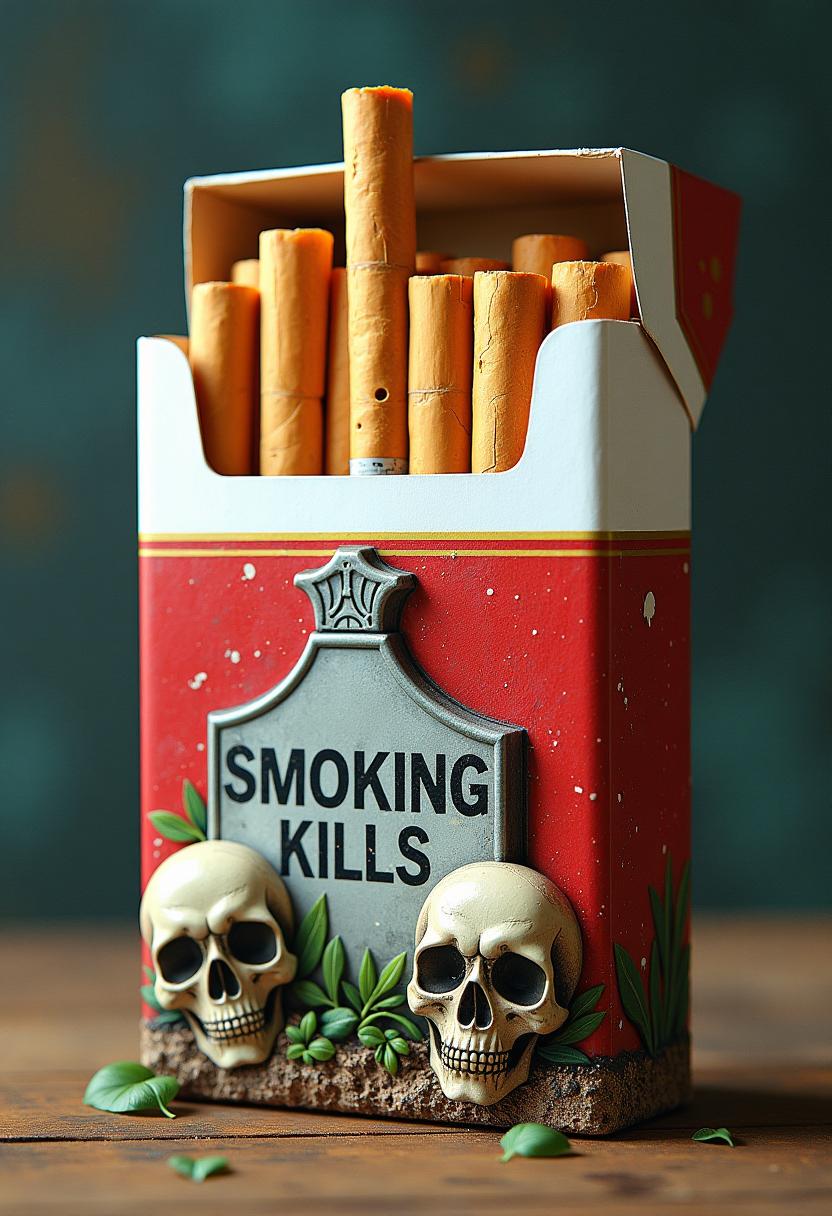 Generate a highly realistic image of a cigarette pack adorned with skulls and tomb stones 1950's retro and with text that reads "smoking kills"
