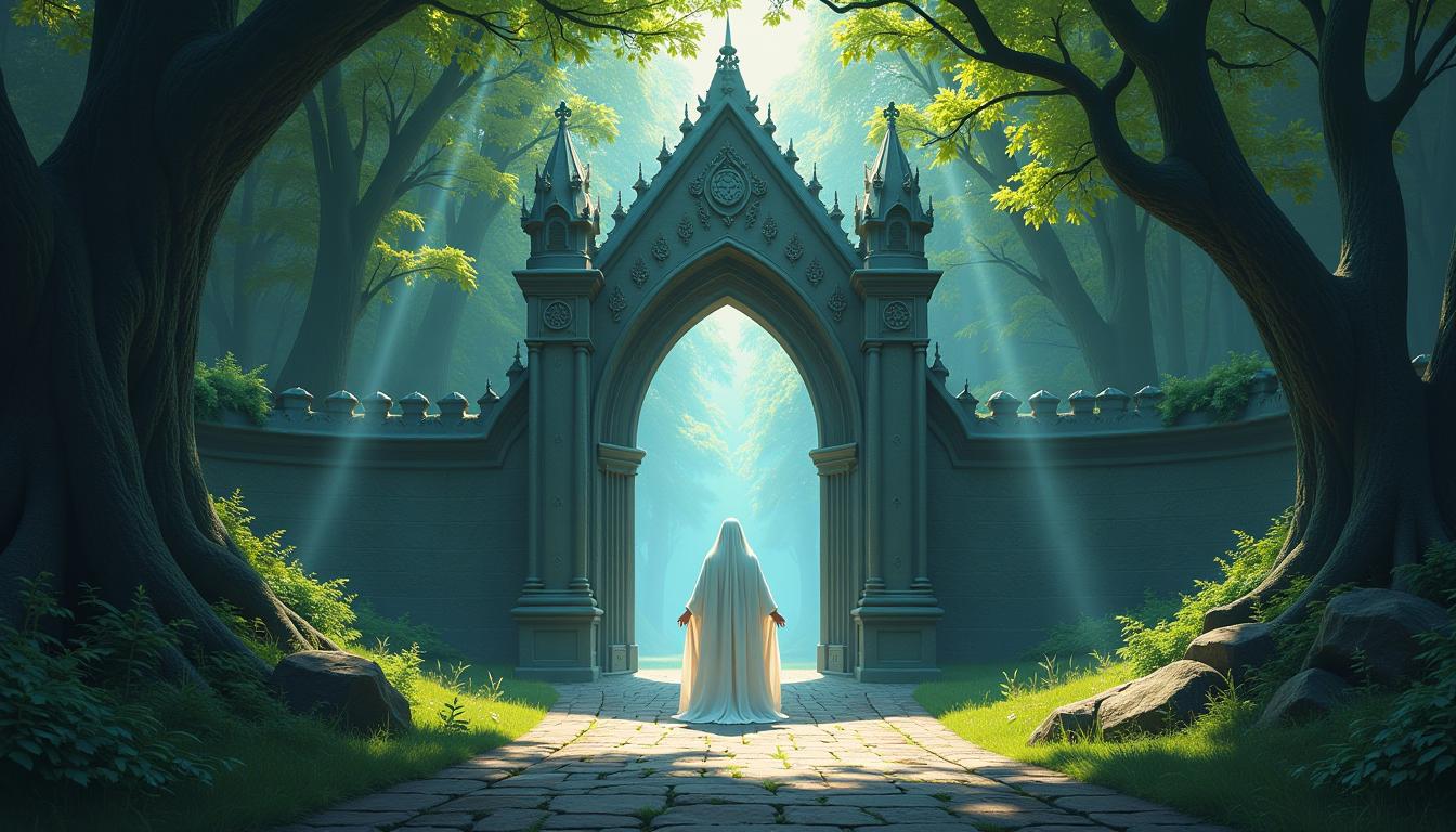 This image is a digital painting that exudes a sense of fantasy and mystique. The art style is reminiscent of traditional fantasy art with a touch of surrealism, characterized by its detailed craftsmanship, atmospheric perspective, and the use of light and shadow to create depth.The medium appears to be a highresolution digital painting, utilizing advanced software to achieve the intricate details and textures. The colors are rich and vibrant, with a predominance of blues and greens that evoke a sense of tranquility and the natural world. The lighting in the scene is dramatic, with beams of sunlight filtering through the dense canopy of trees, casting ethereal shadows and highlights that give the scene a luminous quality.Objects in the image include1. An ornate, gothic archway that serves as the focal point of the painting. It is adorned with intricate carvings and topped with finials, suggesting it may be a portal or entrance to another realm.2. A figure draped in a flowing white robe stands at the threshold of the archway. The robe billows slightly, indicating a gentle breeze, and the figures arms are outstretched, as if in a gesture of welcome or surrender.3. A cobblestone pathway leads to the archway, bordered by lush greenery and mosscovered rocks. The path is illuminated by the sunlight filtering through the trees, creating a shimmering effect on the stones.4. The surrounding forest is dense and full of life, with towering trees reaching towards the sky. The leaves are a tapestry of greens, with hints of autumnal colors, and the trunks are twisted and gnarled, adding to the ancient and mystical atmosphere.5. The light filtering through the trees creates a dappled effect on the ground, with patches of sunlight and shadow that contribute to the depth and realism of the scene.Overall, the image is a harmonious blend of fantasy and nature, inviting viewers to ponder the mysteries that lie beyond the archway.