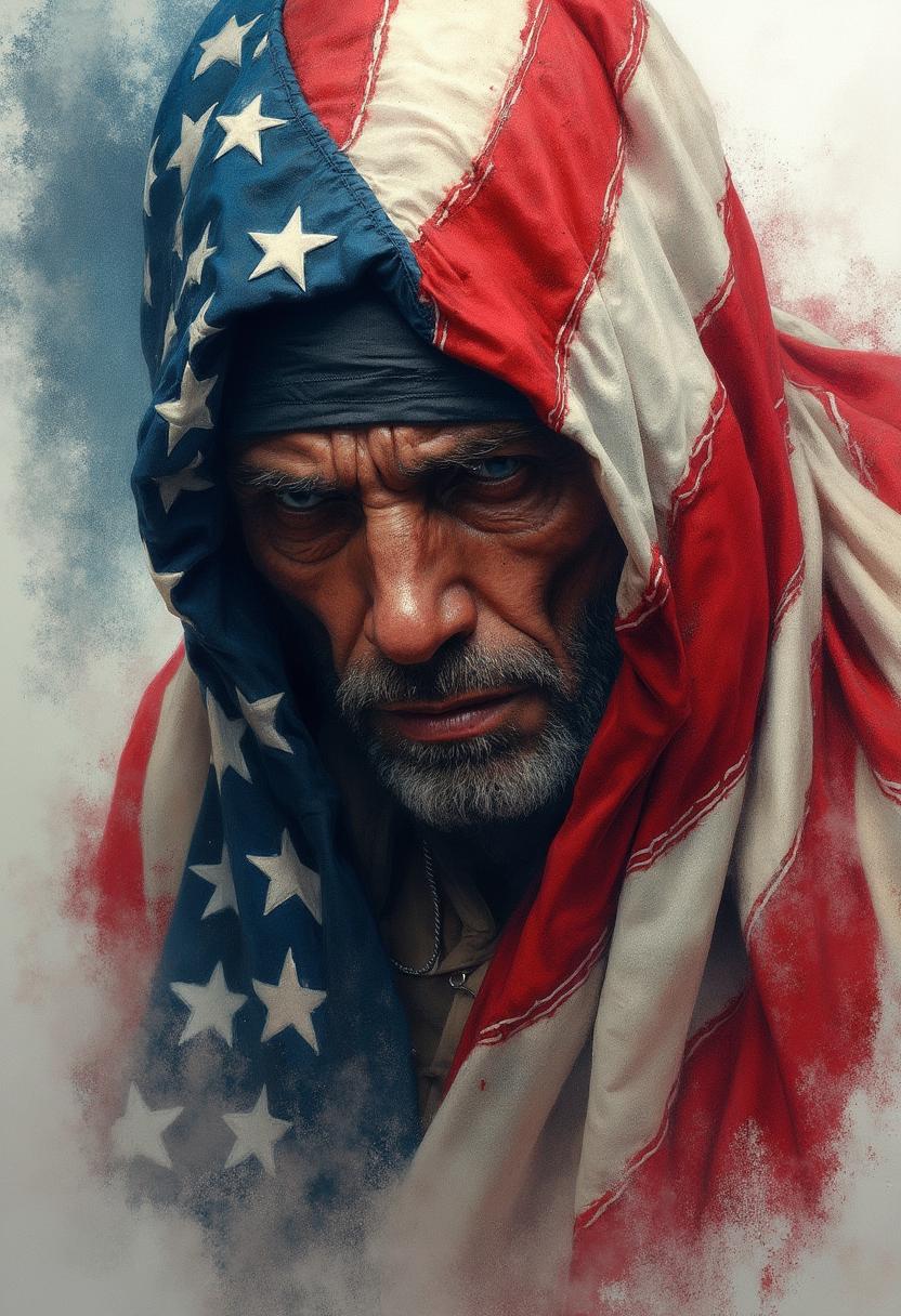 colored penciled portrait of very sad years and distressed war soldier covered in the American flag , hyper realistic photorealistic dynamic pose
