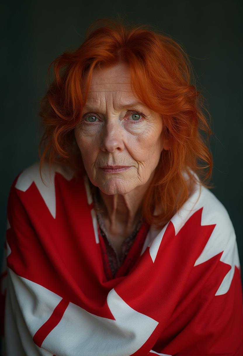 colored photograph portrait of very sad years and distressed older woman, red hair, freckles, covered in the Canadian flag , hyper realistic photorealistic dynamic pose