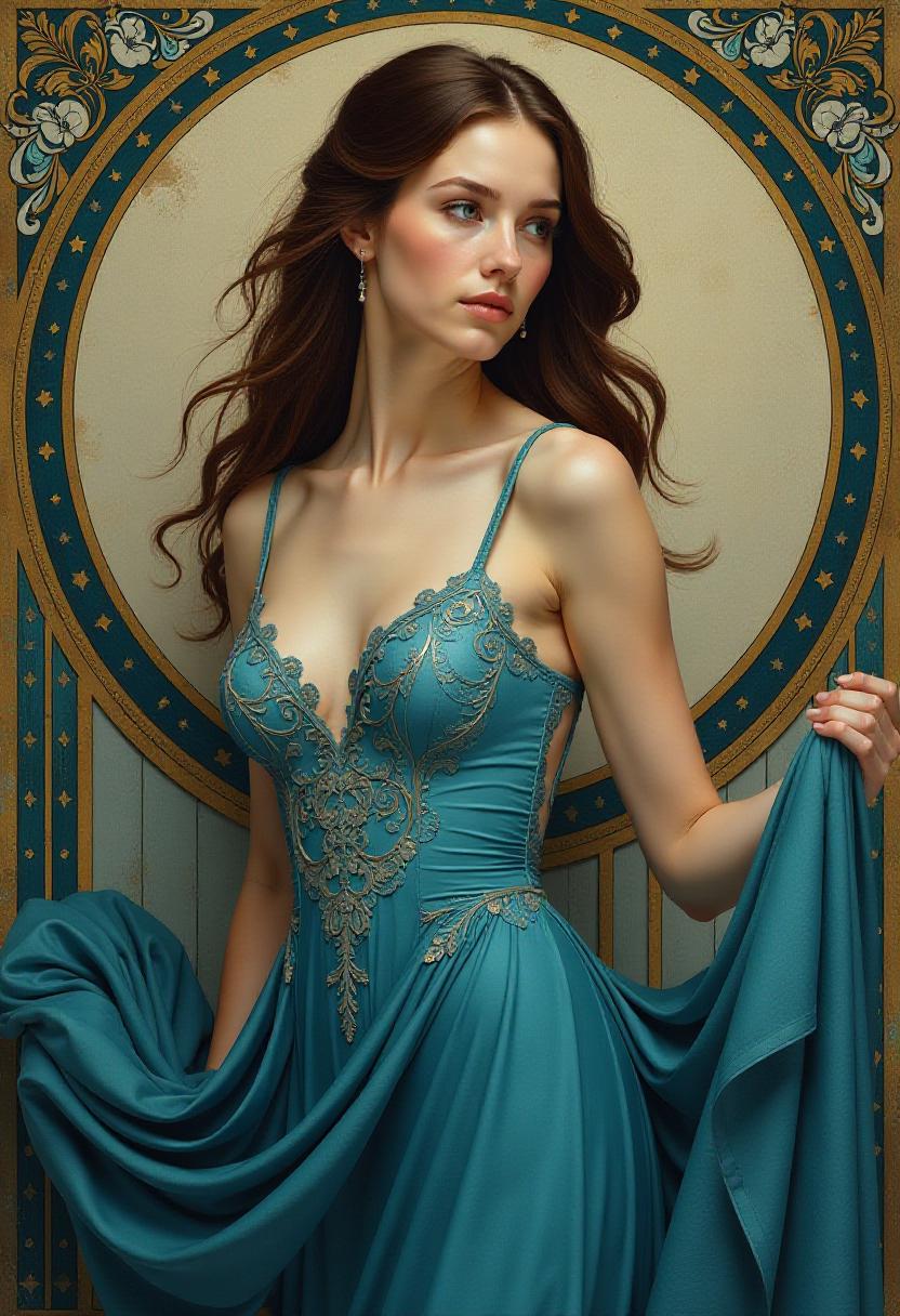 masterpiece, best quality, highres, sharp image, more detail, In the style of Alphonse Mucha, paint a stunning portrait of a captivating 20-year-old woman exuding an air of elegance and allure. Her hair is styled in intricate, flowing locks, framing her delicate features. She wears a **flowing blue gown** with delicate lace and floral patterns, emphasizing her youthful beauty and sophistication. The gown's fabric should shimmer subtly, reflecting the light in a way that enhances her figure.

**Visual Details:**
- The gown's color is a deep, rich blue, creating a striking contrast with her fair skin and the lighter tones of the background.
- Her eyes should sparkle with a hint of mystery, perhaps in a shade that complements the gown, like a soft sapphire blue or a deep emerald green.
- The texture of her skin should be smooth and luminous, with a slight blush on her cheeks to add to her natural beauty.

**Composition:**
- Position her in a three-quarter view, slightly turned towards the viewer, allowing the gown to cascade around her, creating dynamic lines that lead the eye.
- She is set against a **circular frame** that mimics the decorative borders typical in Mucha's work, with intricate Art Nouveau patterns and motifs like flowers, vines, and peacock feathers.

**Lighting and Atmosphere:**
- Use soft, diffused lighting to give the painting a dreamlike quality, with the light source subtly highlighting her features and the gown's contours.
- The background should transition from darker shades to lighter, creating depth and placing the focus on her.

**Mood:**
- The overall mood should be one of serene beauty and timeless charm, capturing the essence of Mucha's romanticism with an undercurrent of sensuality.

**Technical Aspects:**
- Employ Mucha's signature techniques like delicate line work, pastel colors, and intricate detailing in both the gown and background patterns.
- Use a shallow depth of field to keep the focus on her, with the background elements slightly blurred yet still visible, creating a harmonious blend of foreground and background.