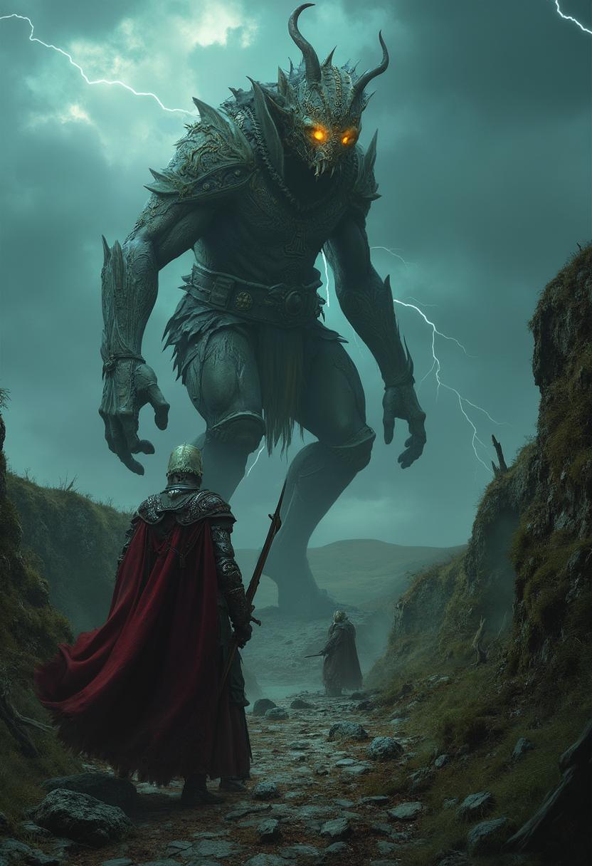 A cinematic, ultra-high-definition scene depicting an **Irish medieval soldier**, clad in leather and chainmail, wielding a broadsword, **fighting a 10-foot-tall demon**. The demon, with **one large, glowing eye**, is covered in **ancient, tribal tattoos** that glow with an eerie light. The confrontation takes place on top of an **earthen fort**, with **dirt walls** that are **reinforced with wooden stakes** and **trenches** filled with **stagnant water** and **debris** from previous battles. 

**Style**: The scene is inspired by **historical illustrations** of the **late Bronze Age**, but with a **dark fantasy twist**. The lighting is **dramatic**, with the sky overcast, casting long shadows and highlighting the textures of the earthen fort. 

**Composition**: The soldier stands slightly lower than the demon, emphasizing its size, with the camera at a **low angle** to capture the height and intimidation of the demon. The background features the **rolling hills of Ireland** under a stormy sky, with the fort in the foreground dominating the scene. 

**Mood and Atmosphere**: The atmosphere is **intense and foreboding**, with the air thick with tension. The weather is **stormy**, with dark clouds overhead, occasional lightning strikes illuminating the scene in stark contrast.