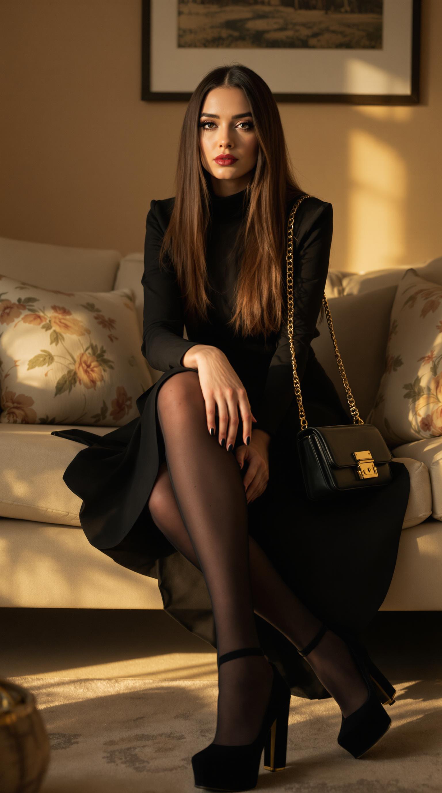 A cinematic portrait of a pale Irish woman with long, straight brunette hair, dressed in a sophisticated black ensemble. She wears a **fitted black dress** with a modest neckline, long sleeves, and a flared skirt, paired with **black platform shoes** featuring ankle straps. Her attire is complemented by **black stockings adorned with a subtle polka dot pattern**. She carries a **black shoulder bag** with a smooth leather texture, highlighted by a gold chain strap and a rectangular gold clasp. 

She is seated on a **beige couch** with a floral patterned throw pillow in a complementary shade, creating a visual harmony. The floor is covered with a **light-colored, patterned rug**, adding texture and depth to the scene. Behind her, a **warm, neutral-toned wall** displays a **framed piece of art**, suggesting a taste for culture and sophistication. 

The lighting is **warm and soft**, likely from overhead fixtures, casting a gentle glow that enhances the ambiance of the scene, emphasizing the subject's features and the textures of her outfit. 

**Camera Angle:** The shot is composed from a slightly low angle, focusing on the woman's pose where she sits with one knee bent and the other leg extended, her hand resting gracefully on her knee, capturing an air of confidence and poise.

**Mood and Atmosphere:** The scene exudes an atmosphere of elegance, serenity, and understated luxury, set in a cozy, intimate living space during the golden hour, with minimal background elements directing attention to the subject.

**Technical Aspects:** The image should utilize chiaroscuro lighting techniques to highlight the subject's form, with a shallow depth of field to keep the background soft and out of focus, ensuring the woman remains the focal point. The composition should employ the rule of thirds for visual balance.