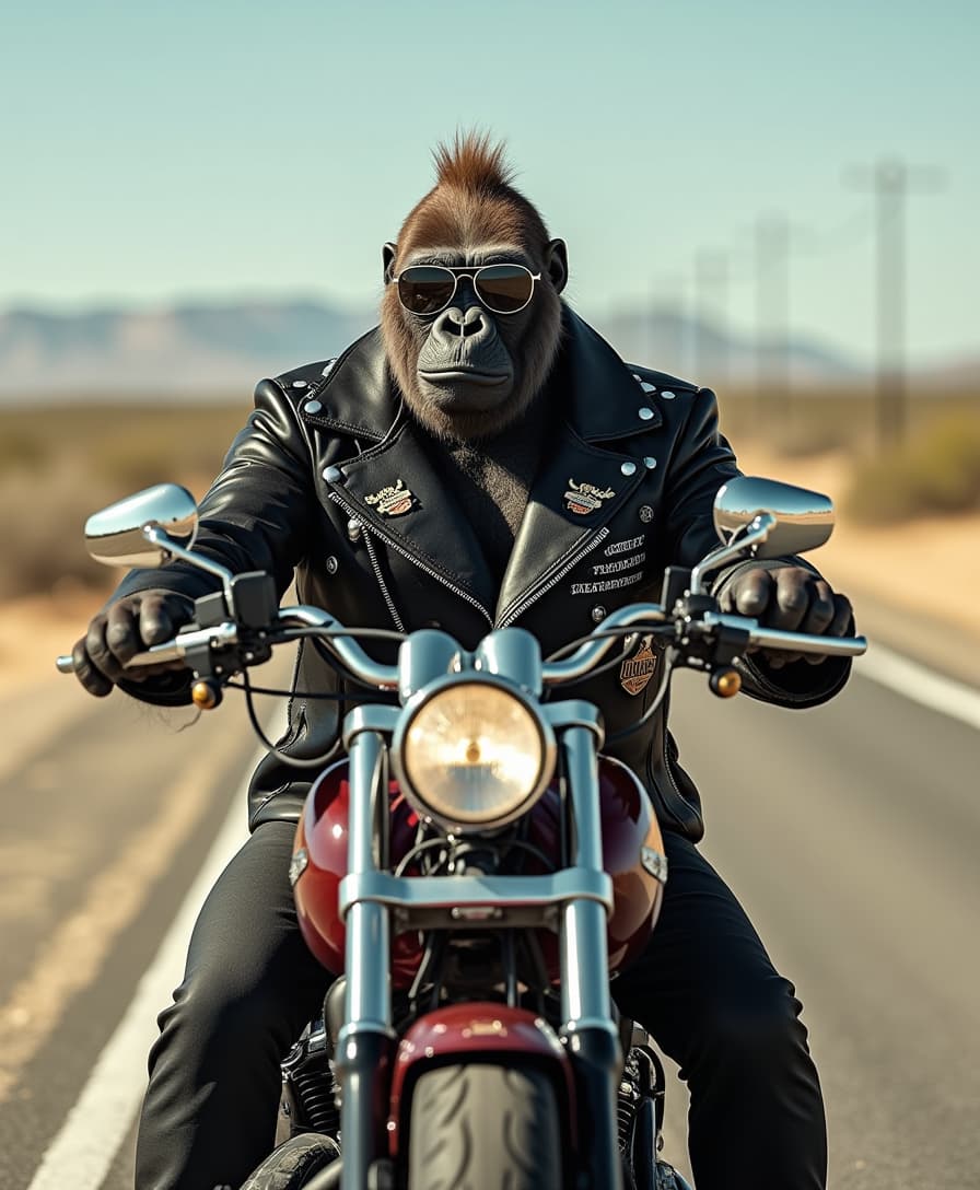 Imagine a hyperrealistic photo of a gorilla dressed as member of a rocker band with leather dress, singes and symbols on it. Sitting on a Harley Davidson Fat Boy motorcycle on a dessert road in Texas. Wearing a sunglasses.