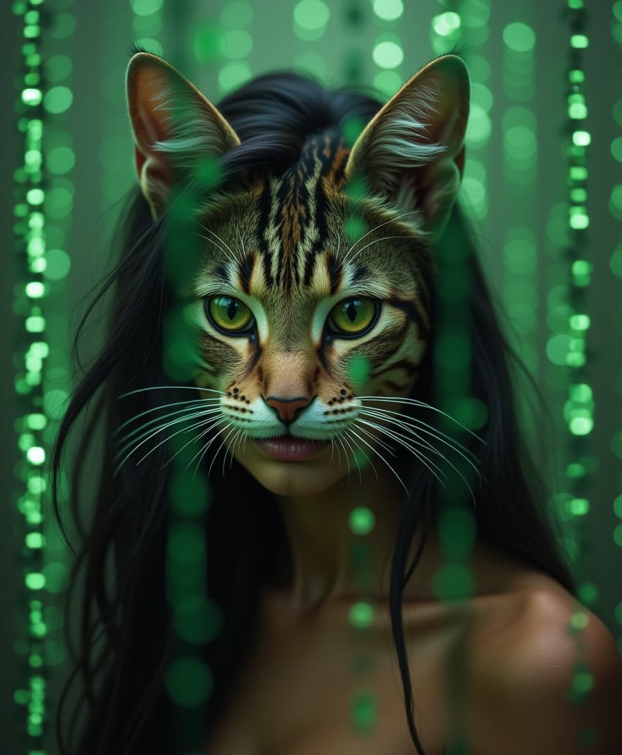 Ultra realistic Indian woman having a cat face roaming inside the matrix world