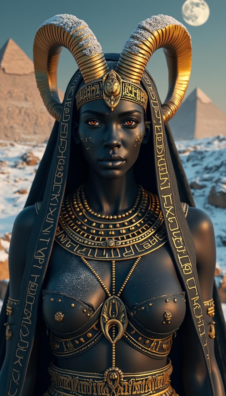 full body image of A determined Egyptian goddess embodying Capricorn, the mountain goat of ambition. Her obsidian skin is adorned with golden hieroglyphs that glow with focused determination. Her eyes are a deep, calculating brown, reflecting her unwavering drive. Her headdress features a golden mountain goat’s horns, symbolizing perseverance. Her dark robe is decorated with silver and gold patterns of mountain peaks and rocky paths, symbolizing the climb to success. The background features towering, snow-capped pyramids under a cold, winter moon.(8K HDR, ultra-detailed, determined atmosphere, focused lighting, symbolic of ambition.)