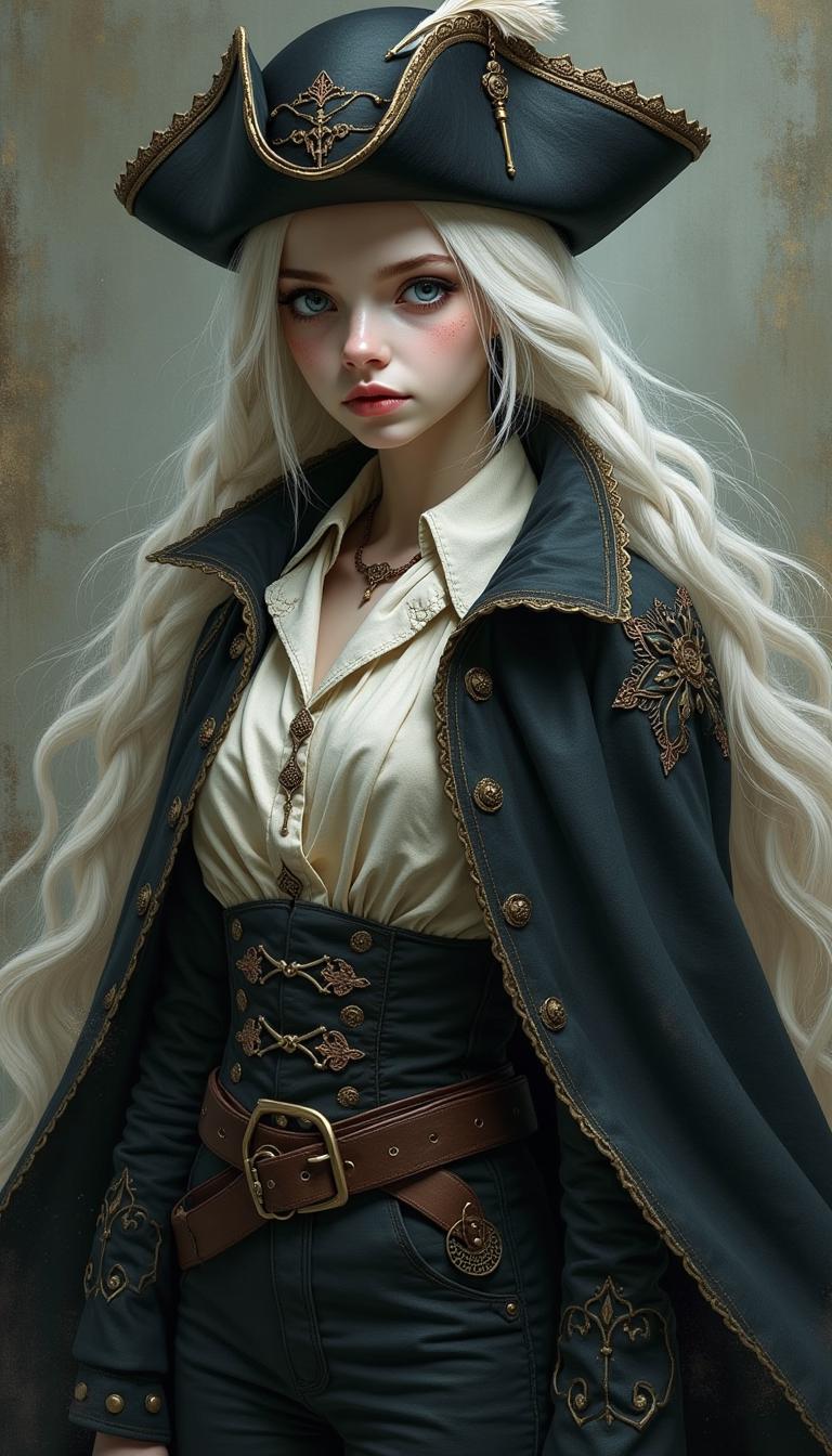 An extremely detailed illustration depicting an busty character portrayed by a young girl in her late teens with a strikingly beautiful yet haunting appearance inspired by Gothic Romance Victorian Era Horror and Dark Fantasy especially by the Hunter and Lady Maria from Bloodborne by From Software wearing an outfit which draws inspiration from Victorian Era Nautical Garb and Van Helsing's Monster Hunter Costume  with an expression on her face somewhere between deeply haunted and predatory in nature. Her albino pale white skin is complemented by her long, braided, flowing white blonde hair that bounces about her shoulders. Her eyes are an unnaturally deep blue  shade, conveying a piercing, intense gaze. The character's outfit is intricate and layered. She wears an ancient looking high-collared black cloak made of a dark, textured fabric, likely velvet or brocade as well as an antique classic pirate tricorn leather hat with a feather decoration and intricate embroidery both of which have many patches and are barely held together. The cloak is adorned with delicate, swirling patterns and embellished with metallic accents, giving it an almost otherworldly quality. Beneath the cloak, she appears to be wearing an equally ancient flowing, off-white blouse, hinting at a more feminine aspect to her character though it appears haggard. She wears matching trousers which emphasize her extremely long legs. The lighting and composition of the image create a moody, dramatic atmosphere. The background is of textured brushstrokes in moody dark hues. The shadows and highlights sculpt her face, adding depth and intensity to her expression. Overall, the character design is incredibly detailed and evocative, evoking a sense of mystery and intrigue. Standing in a dynamic action pose.