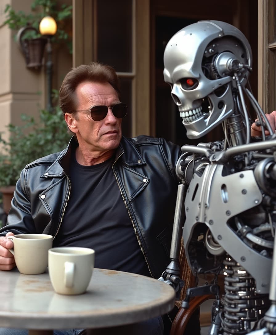 Arnold Schwarzenegger having coffee with a Cyberdyne Systems Model 101 Terminator at a table outside of a Cafe. Arnold is wearing his iconic black leather jacket and wearing sunglasses. The Terminator robot is silver .  Coffee mugs on table. Both Arnold and robot sitting at the table.