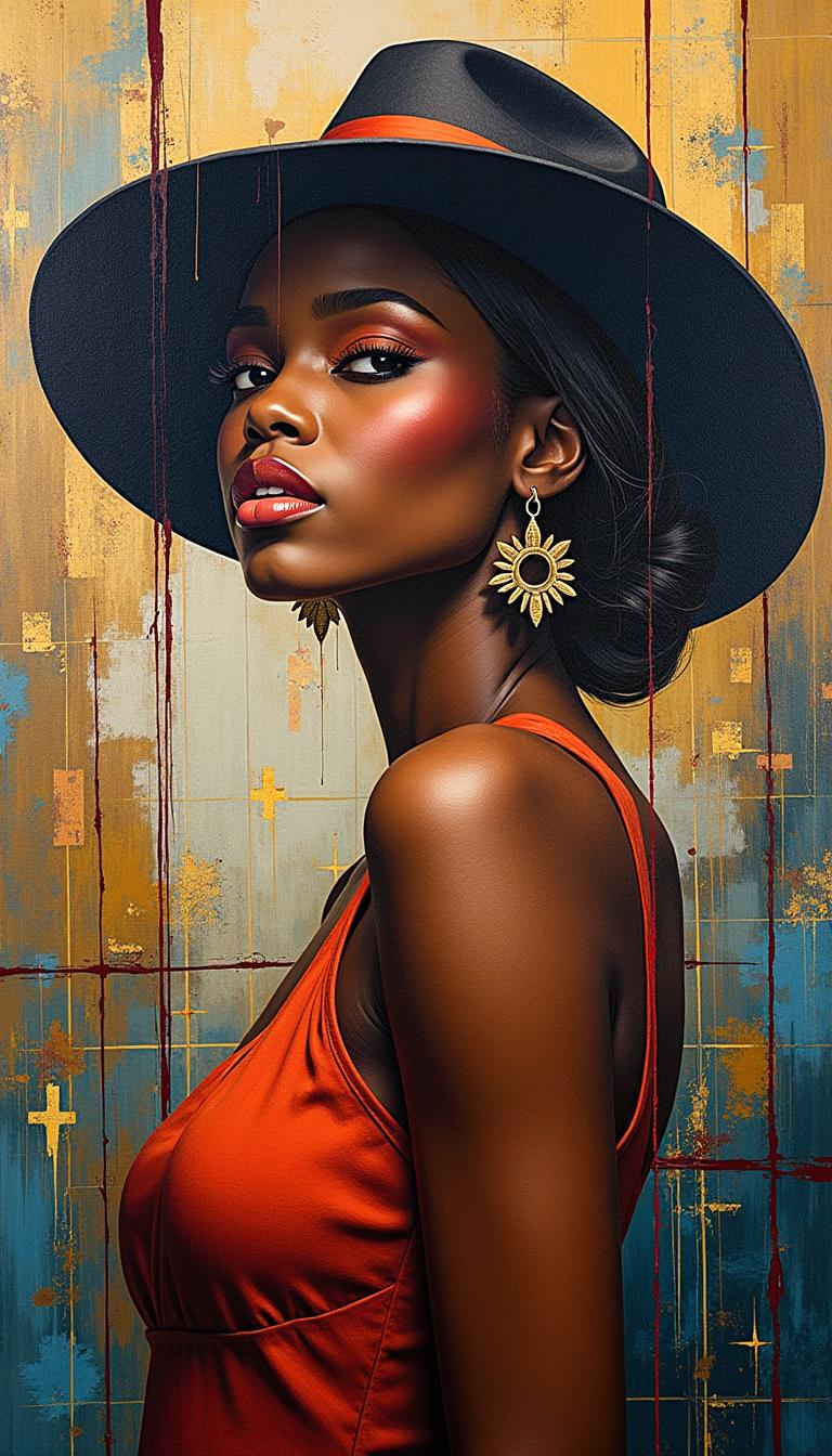 A mesmerizing abstract painting featuring a beautiful african model with hat and stylish 50's cothes fashion at its center. Abstract painting . The canvas is filled with sharpe, and intricate patterns. Flowing lines and geometric shapes interact with each other, creating a sense of depth and movement. The painting has a dreamy, ethereal quality, drawing the viewer into a world of imagination and creativity