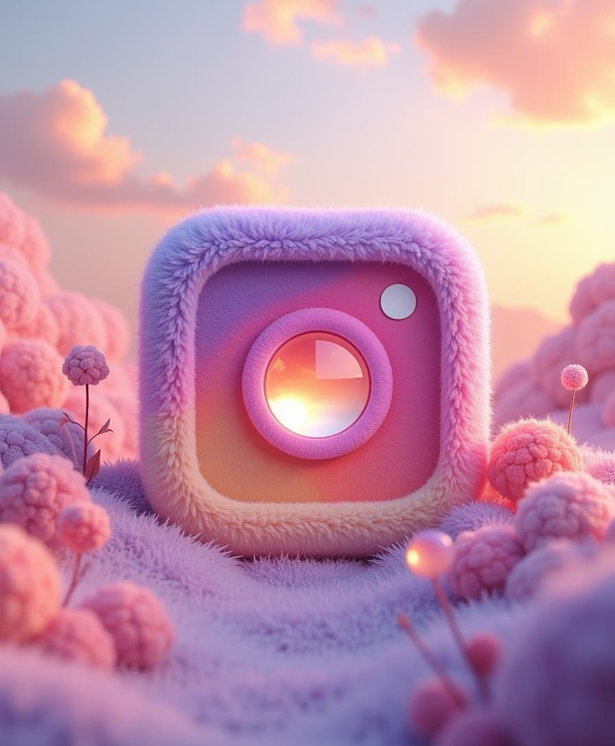 A surreal and dreamy Instagram logo made of soft, plush fabric with a fluffy texture. The logo has smooth, rounded edges and a gradient of pink, purple, and peach colors. The central camera lens is glossy and reflective, resembling a crystal ball capturing a serene sunset. The background features a whimsical, pastel-colored fantasy landscape filled with fuzzy plants and delicate flowers in shades of lavender, peach, and baby pink. The sky has a warm, soft glow, creating a magical and ethereal atmosphere.