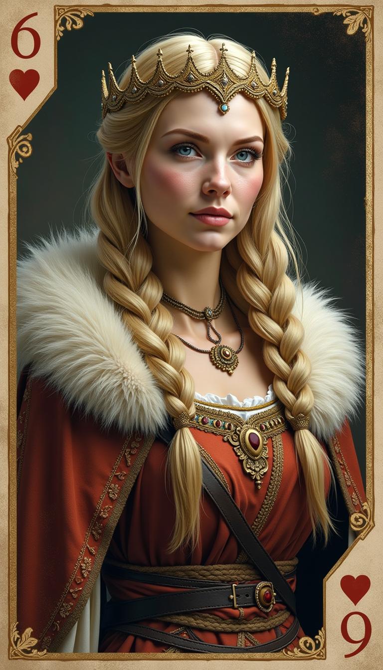 A bust of a beautiful mature mountain queen around the age of 40. She has braided blond hair wearing a small crown and fur on her cloak on a playing card.