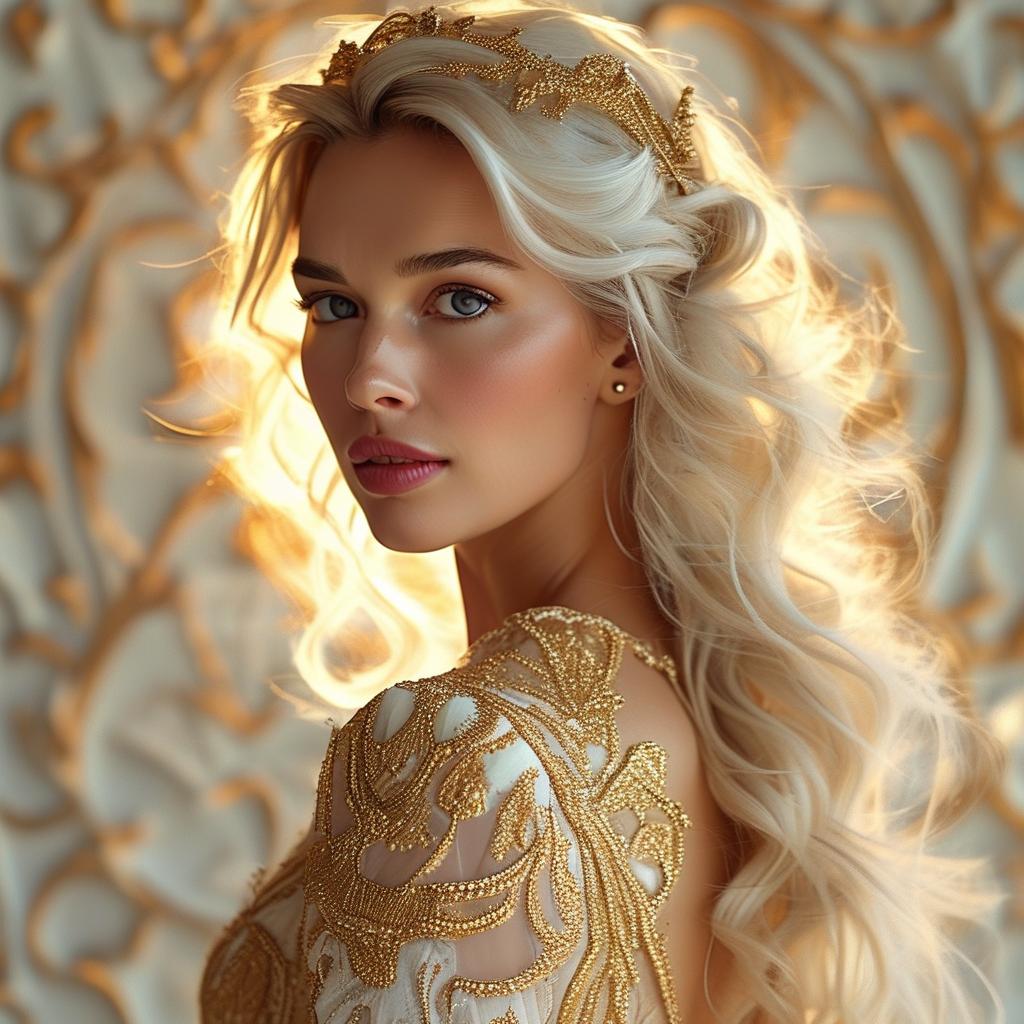 Hayley Atwell as fashion Woman, Waist-up, Art by karol bak, Fashionable princess, long wavy whit-blonde hair, beautiful face, detailed eyes, lace, filigree, geometric patterns, neons, glowing lights, bioluminescence, line art with watercolor wash highly detailed, sharp focus, smooth transitions, dynamic, highly polished, influenced by Carne Griffiths, Wadim Kashim, and Carl Larsson, intricate and flowing line-art work, bold color and texture, light and airy composition, Pascal Blanche, hyper-realistic character designs and matte painting techniques, dramatic and expressive camera angle, matte painting concept art,  golden ratio, balanced composition, highly polished and elegant, cinematic character render, intricate artwork masterpiece, trending on CGSociety and Artstation.

