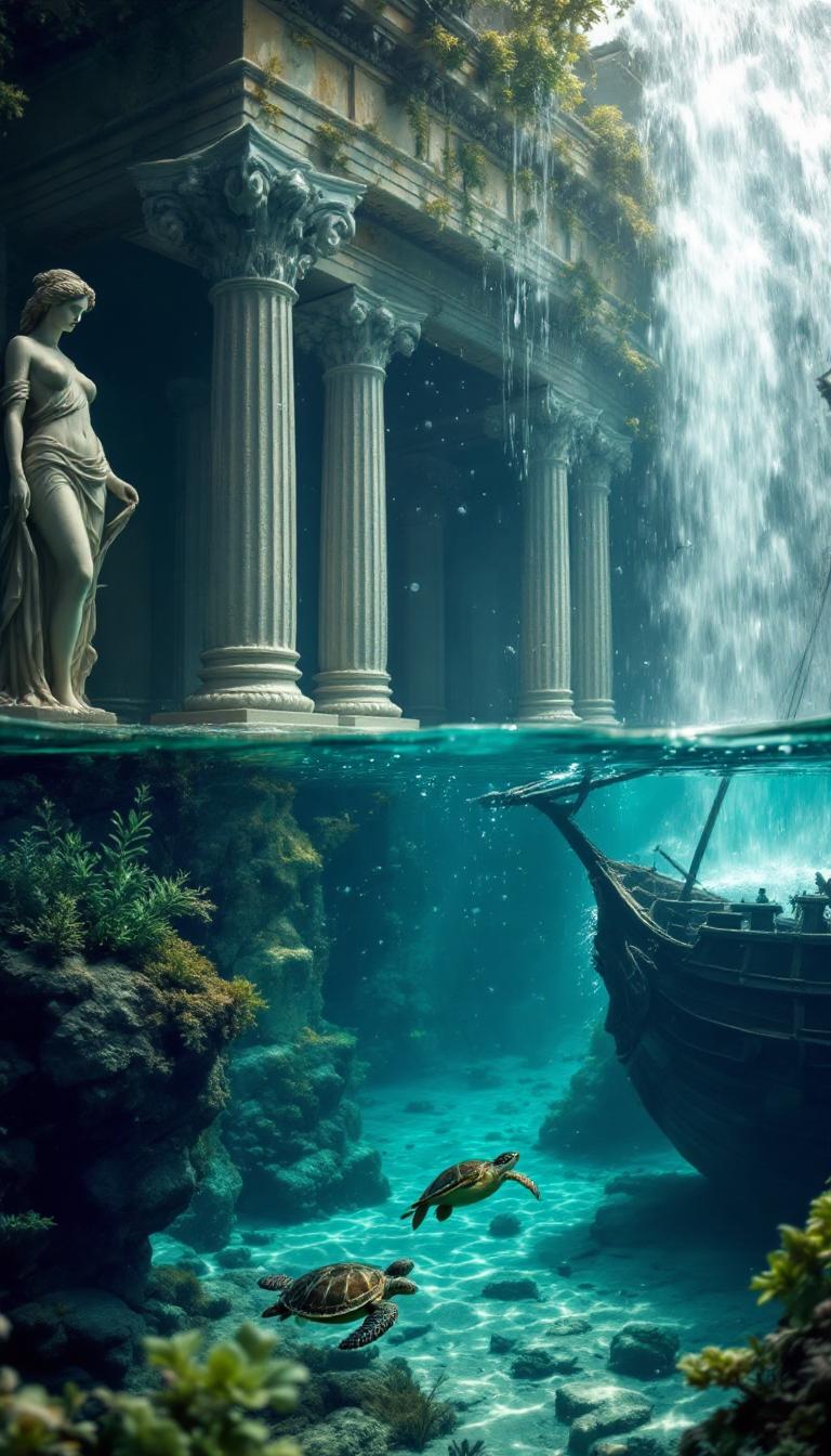 small turtle swimming, environment under water, Greek columns of woman sculpture,  destroyed galleon ship, water falls above the water hyper-realistic, image still, detail materials