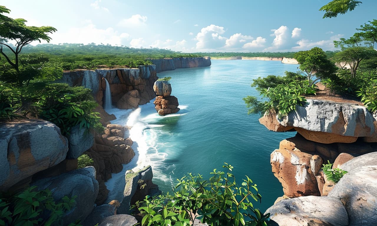 The Canaima National Park Venezuela + High Rocks, Stones and plants with the most accurate detail + photorealistic + hyper realistic + hyper detailed + hdr + fxaa + 8K vibrance


