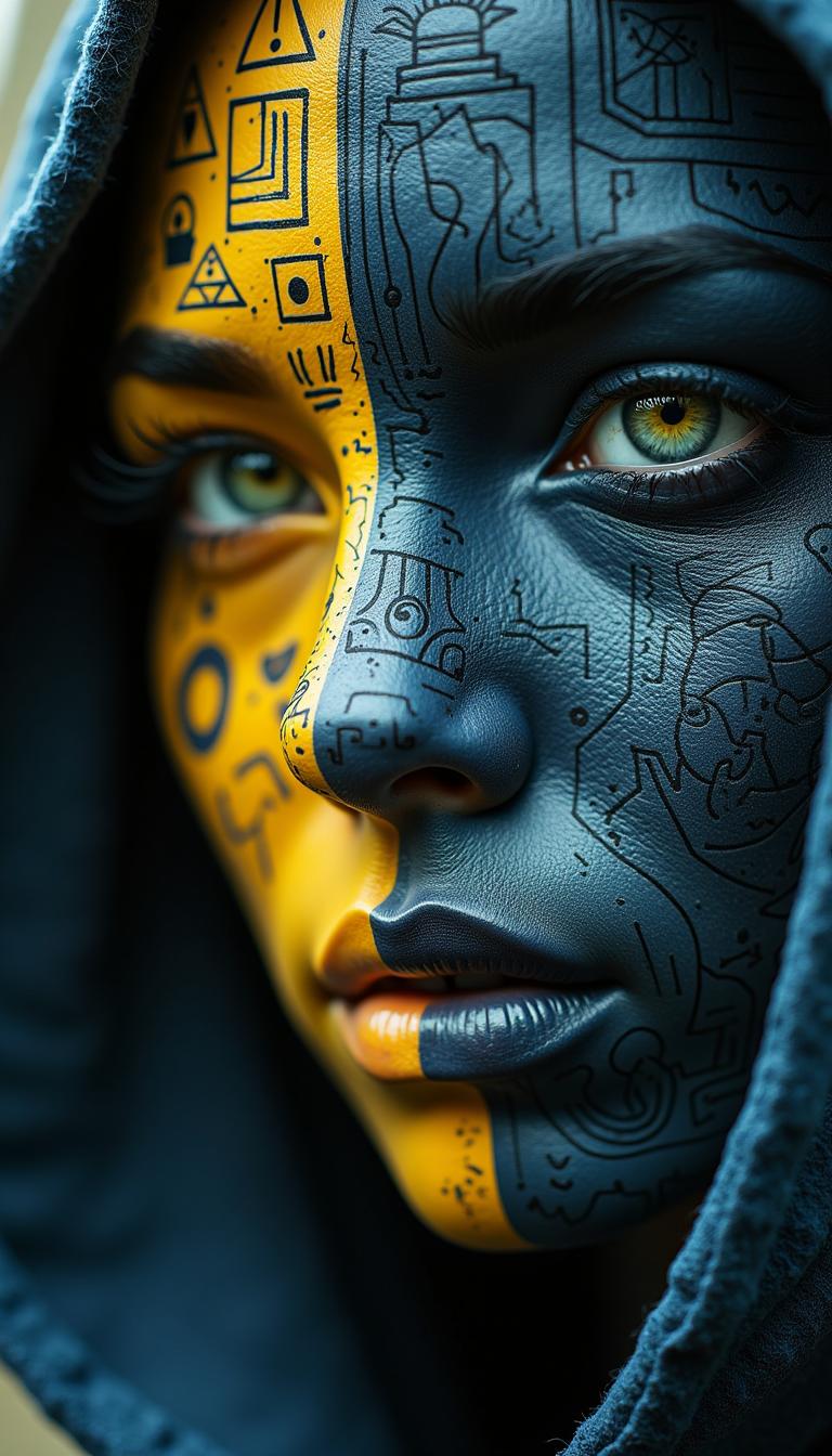 A close-up of a face adorned with intricate black and blue patterns. The left side of the face is predominantly yellow, with symbols and doodles, while the right side is dark, featuring mechanical elements. The eye on the left is a striking shade of yellow, contrasting sharply with the surrounding patterns. The face is partially covered by a hooded garment, cinematic_1940s 