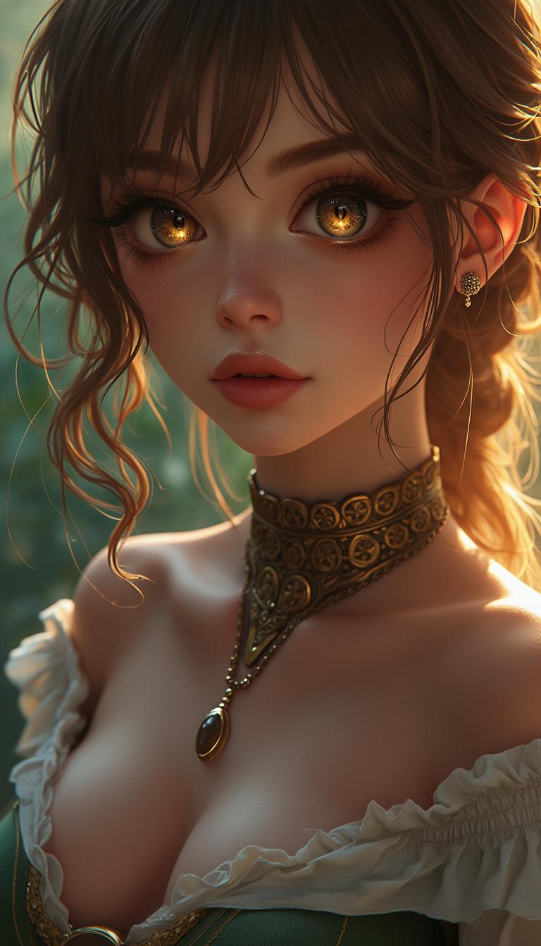 hyperrealistic digital painting by Jeremiah Ketner and Charlie Bowater and Stanley Artgerm and Thomas Saliot and J. Scott Campbell, shallow depth of field, realistic, bokeh, lifelike anime woman, closeup on cute face and body, eyes, lips, light and shadows on face, Irish girl wearing a royal choker, amulet, fully dressed, cleavage