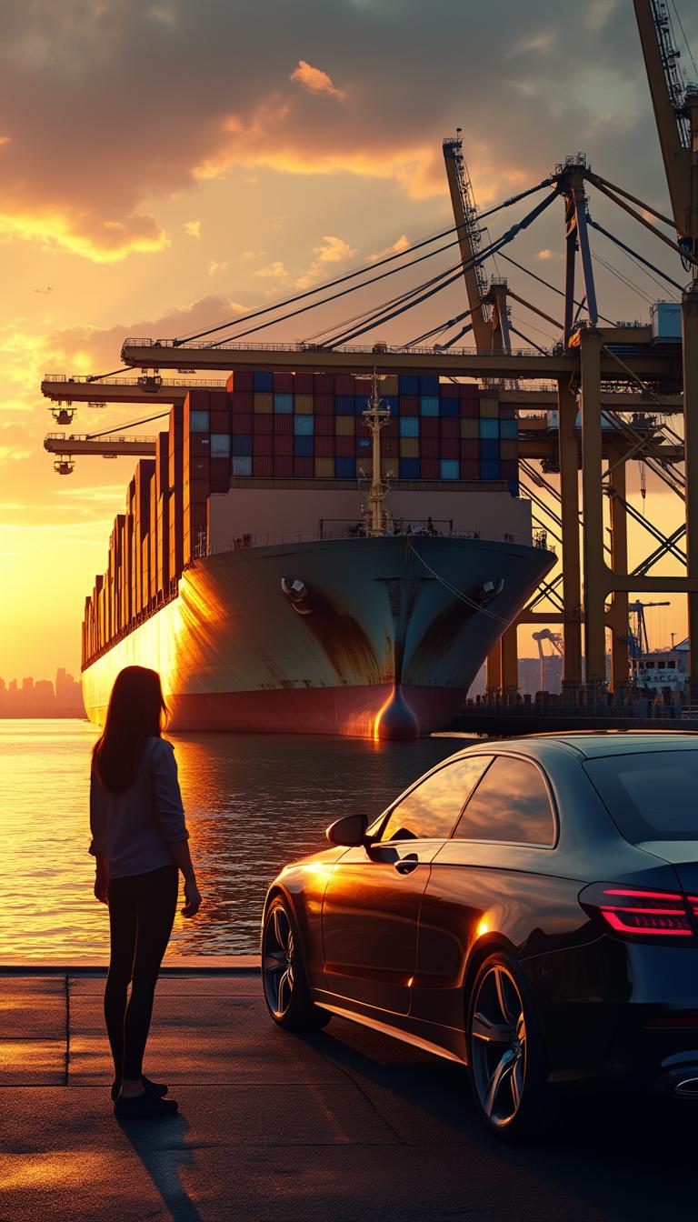 High-resolution photo, cinematic sunset lighting. A massive container ship is docked in a bustling harbor at sunset, its towering stacks of colorful cargo containers casting long shadows over the reflective water.
The golden-orange sky fades into deep purples and blues, the last light of the sun glinting off the ship's weathered metal hull. Cranes loom overhead, their silhouettes stark against the glowing horizon, while distant city lights begin to flicker to life along the waterfront.
In the foreground, a sleek car is parked near the dock, its polished surface reflecting the warm hues of the sunset. A lone woman stands beside it, her silhouette outlined against the glowing sky as she watches the harbor, exuding a quiet, mysterious presence. 