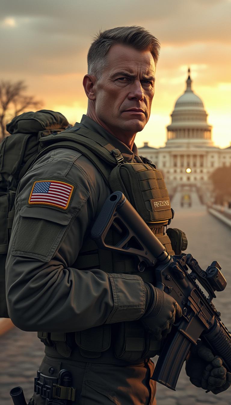 Create a hyper-realistic digital artwork of a soldier representing the United States as a national leader. The soldier has the appearance of a strong and determined president wearing tactical military gear, holding an advanced assault rifle. The background features a prominent government building, such as the White House, under a golden sunset. The soldier has an intense expression, symbolizing authority and patriotism, with subtle details like the American flag patch on the uniform.