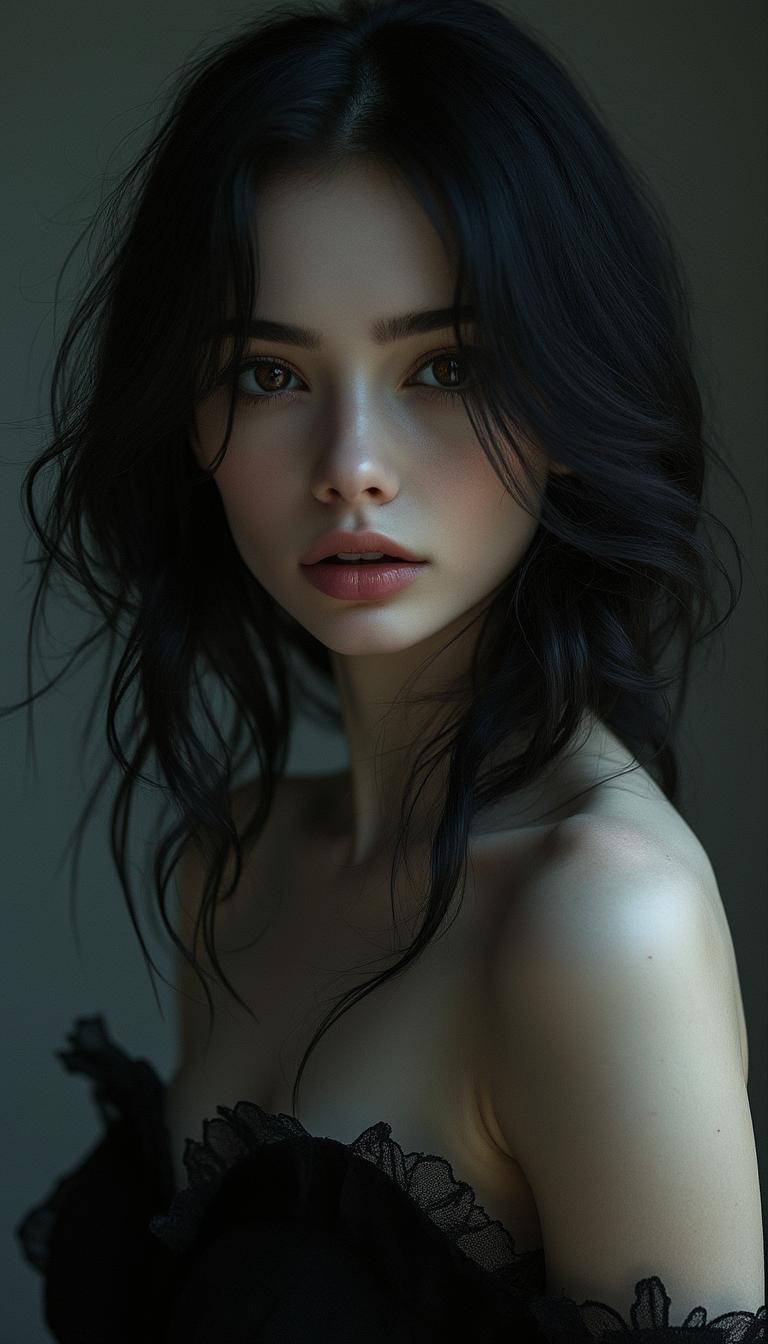 The image is a photorealistic portrait of a stunning young woman, characterized by her porcelain-white skin and deep, jet-black hair that cascades elegantly around her shoulders. Her captivating dark eyes are framed by long, thick lashes, drawing the viewer's attention and enhancing her enigmatic expression. She wears an elegant black dress that creates a striking contrast against her fair complexion, accentuating her refined elegance. The composition features a moody, atmospheric background, possibly dimly lit with soft shadows that envelop her, further enhancing her mysterious and sophisticated aura. Natural lighting delicately highlights the contours of her face, emphasizing her striking beauty and adding depth to the overall visual, creating a compelling and evocative portrait that captivates the viewer.