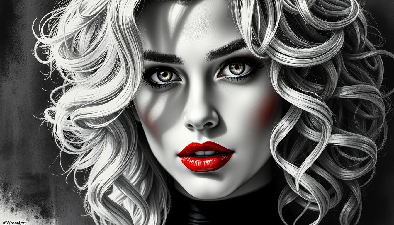 A charcoal portrait of a woman resembling Black Canary, capturing her essence with blonde, curly hair cascading around her shoulders, her red lips strikingly vivid against the monochrome palette. Her large eyes, full of warmth and elegance, convey a youthful spirit. The sketch employs **soft textures** and **subtle shading** to delicately sculpt her facial features with **ultra realism**, enhancing the dramatic lighting that casts **commanding shadows** across her face. The composition follows the **golden ratio**, ensuring a balanced and aesthetically pleasing frame, with the subject positioned to maximize visual impact. The mood is serene yet powerful, with an ambiance reminiscent of a classic studio portrait, evoking a timeless quality. The style is a fusion of modern photorealism with the nuanced, gentle touch of classical charcoal techniques.
