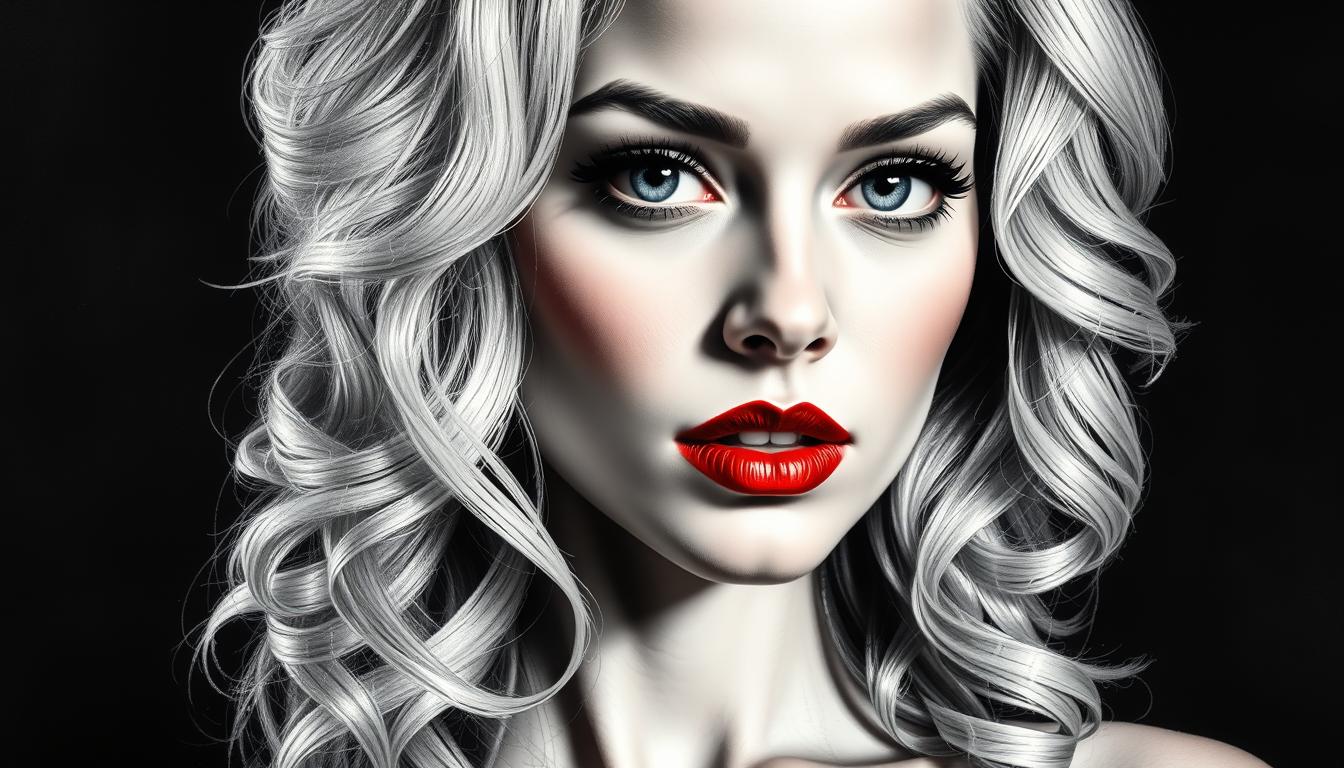A charcoal portrait of a woman resembling Black Canary, capturing her essence with blonde, curly hair cascading around her shoulders, her red lips strikingly vivid against the monochrome palette. Her large eyes, full of warmth and elegance, convey a youthful spirit. The sketch employs **soft textures** and **subtle shading** to delicately sculpt her facial features with **ultra realism**, enhancing the dramatic lighting that casts **commanding shadows** across her face. The composition follows the **golden ratio**, ensuring a balanced and aesthetically pleasing frame, with the subject positioned to maximize visual impact. The mood is serene yet powerful, with an ambiance reminiscent of a classic studio portrait, evoking a timeless quality. The style is a fusion of modern photorealism with the nuanced, gentle touch of classical charcoal techniques.