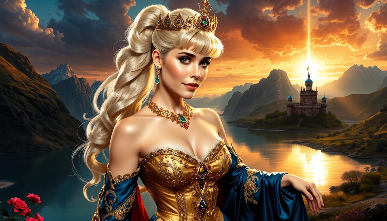 AL-LoRa-Zip, Animated image, Artgerm and Boris Vallejo style, woman resembling Alison Lohman with platinum ponytail and tiara adornment, golden corset with gold embroidery and red bead highlights, indigo skirt, gold necklace, earrings, serene landscape, shimmering lake, towering mountains, distant castle, sky ablaze in orange and yellow hues, sunlight piercing through clouds, digital painting, ultra