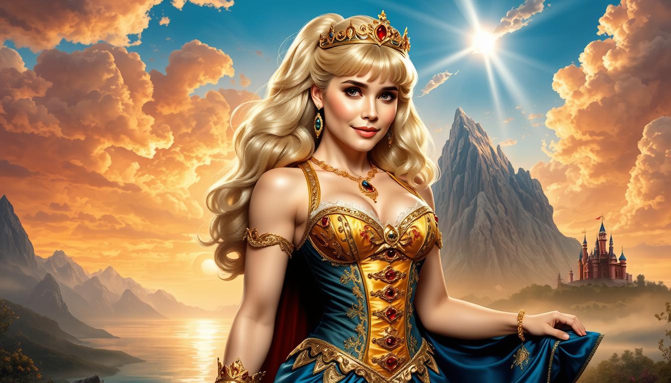 AL-LoRa-Zip, Animated image, Artgerm and Boris Vallejo style, woman resembling Alison Lohman with platinum ponytail and tiara adornment, golden corset with gold embroidery and red bead highlights, indigo skirt, gold necklace, earrings, serene landscape, shimmering lake, towering mountains, distant castle, sky ablaze in orange and yellow hues, sunlight piercing through clouds, digital painting, ultra