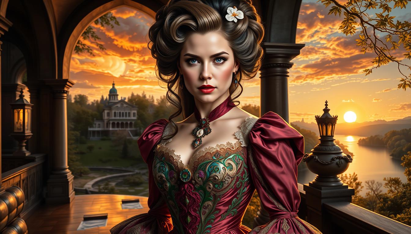 A hyper-detailed painting of a woman reminiscent of Poison Ivy, named Clarissa Virginia, blending the stylistic elements of Artgerm and Peter Paul Rubens with the grandeur of the Hudson River School. She stands in a Victorian villa, her gaze piercing through the viewer, her hair styled in a complex Victorian fashion. Her dress is an intricate masterpiece, with layers of fabric showcasing vibrant colors and textures, each fold and lace meticulously rendered to capture the light.

**Setting:** 
- The scene is set against a breathtaking landscape of Hereafter, bathed in the ethereal, golden glow of twilight. 
- A serene lake reflects the vibrant skyline, its waters gently lapping against the villa's stone foundations.
- The forest in the background is dense with shadows, yet the backlighting from the setting sun casts a magical aura, highlighting leaves and branches with a soft, golden hue.
- The composition captures this moment with a wide-angle lens, emphasizing the vastness of the landscape while focusing on Clarissa.

**Mood and Atmosphere:**
- The ambiance is one of tranquil beauty, with the golden hour light creating long, soft shadows that stretch across the landscape, enhancing the depth and richness of colors.
- The air feels still, as if time itself has paused to admire the scene.

**Technical Aspects:**
- The painting uses chiaroscuro to dramatize the lighting, with a focus on intricate details that give a sense of ultra-realism, evoking a 'wow' effect.
- The style incorporates the sweeping, panoramic views of the Hudson River School, yet it is refined with Artgerm's modern, detailed aesthetic and Rubens' lush, voluminous forms.
- The fabric textures are hyper-detailed, showcasing the interplay of light and shadow on the folds of the dress, capturing the essence of Victorian fashion.

This composition creates a harmonious, believable scene where the viewer feels part of the magical twilight in Hereafter, captivated by Clarissa's allure and the stunning natural beauty surrounding her.