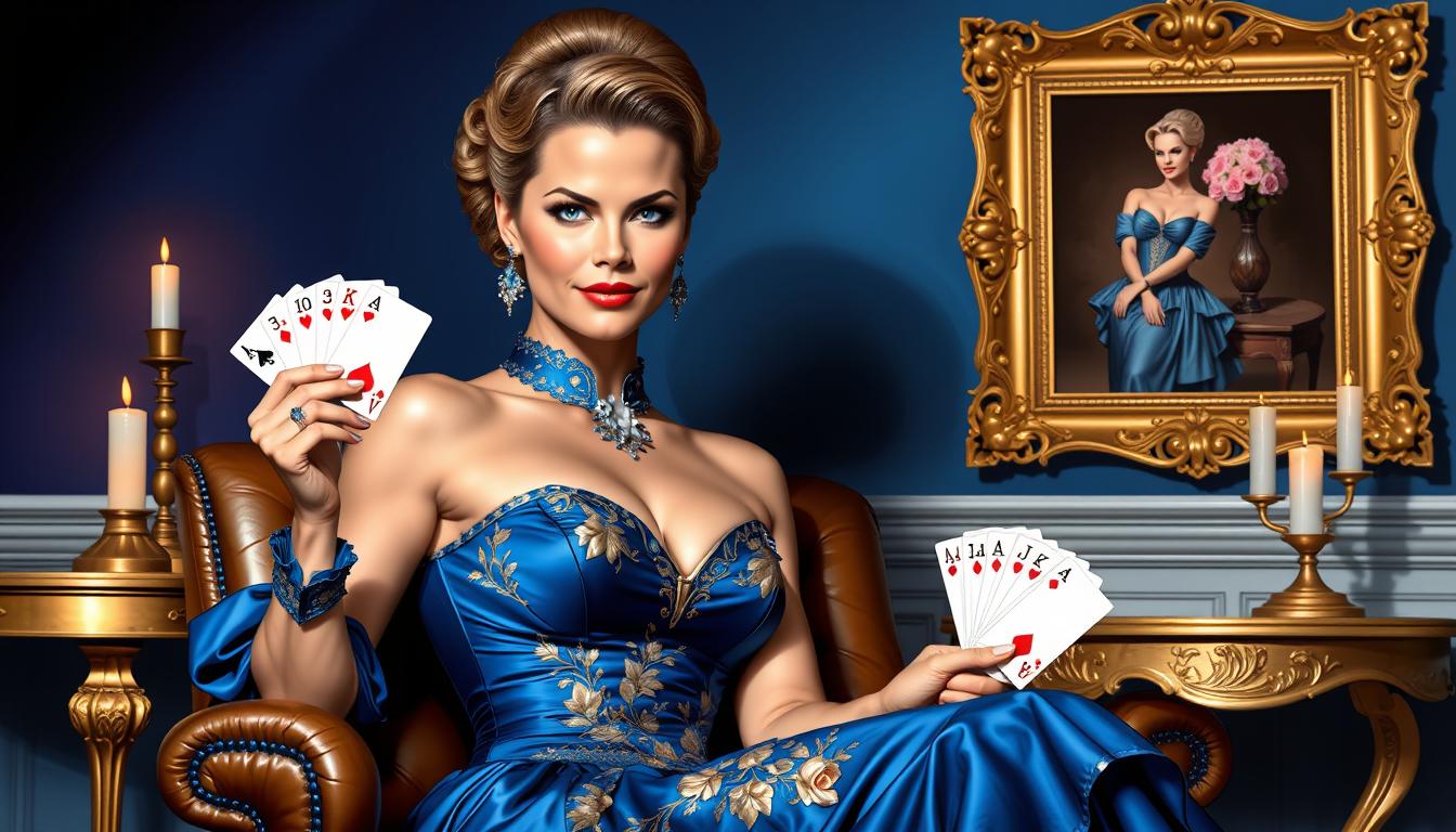 Brooke-LoRA-Zip, A Artgerm Comic Painting, a beautiful woman looks like a Fusion of Grace Kelly and Brooke Burns, dressed in a royal blue dress, adorned with gold embroidery, is seated in a brown leather chair. She is holding a set of playing cards in her left hand, while her right hand rests on the left side of the frame. Her left hand is adorned with a ring, adding a touch of charm to the scene. The woman's hair is styled in a breathtaking updo, and her eyes are adorned with blue, red, and pink lipstick. The backdrop is a deep blue, with a gold frame that features a woman in a blue dress adorned with flowers. To the left of the woman is a gold table with a candle on it.