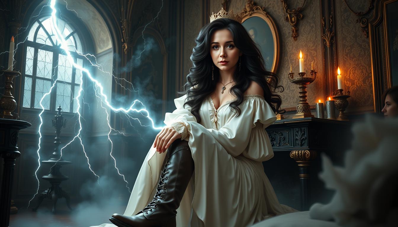 MO-LoRA-ZipTotal, Ethereals Echoes, a young beauty woman depicted as a dominant and mighty Enchantress, shrouded in mighty magic things, Lightning flashes in the room, black long hair, adorned in a white vintage silk dress, weathered leather boots adorning her feet, in a complex, multi-layered scene, merging the styles of Artgerm, Rubens and Remedios Varo, exuding whimsical grace, gothic charm, with a magic motifs woven intricately throughout, 8k