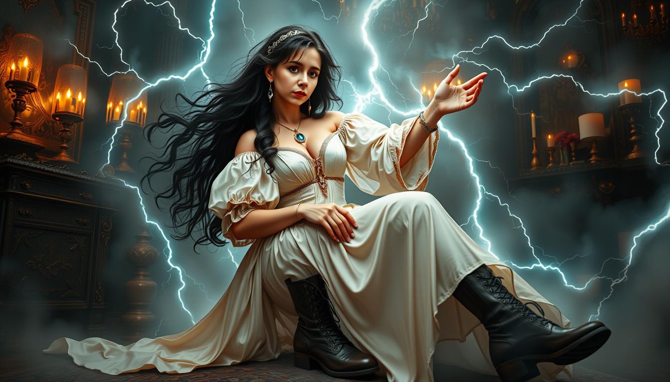 MO-LoRA-ZipTotal, Ethereals Echoes, a young beauty woman depicted as a dominant and mighty Enchantress, shrouded in mighty magic things, Lightning flashes in the room, black long hair, adorned in a white vintage silk dress, weathered leather boots adorning her feet, in a complex, multi-layered scene, merging the styles of Artgerm, Rubens and Remedios Varo, exuding whimsical grace, gothic charm, with a magic motifs woven intricately throughout, 8k