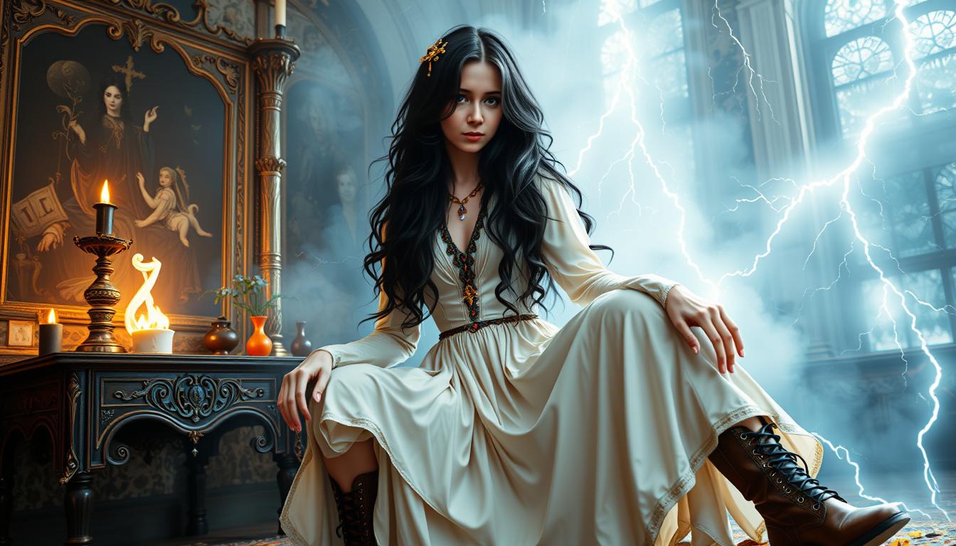 MO-LoRA-ZipTotal, Ethereals Echoes, a young beauty woman depicted as a dominant and mighty Enchantress, shrouded in mighty magic things, Lightning flashes in the room, black long hair, adorned in a white vintage silk dress, weathered leather boots adorning her feet, in a complex, multi-layered scene, merging the styles of Artgerm, Rubens and Remedios Varo, exuding whimsical grace, gothic charm, with a magic motifs woven intricately throughout, 8k